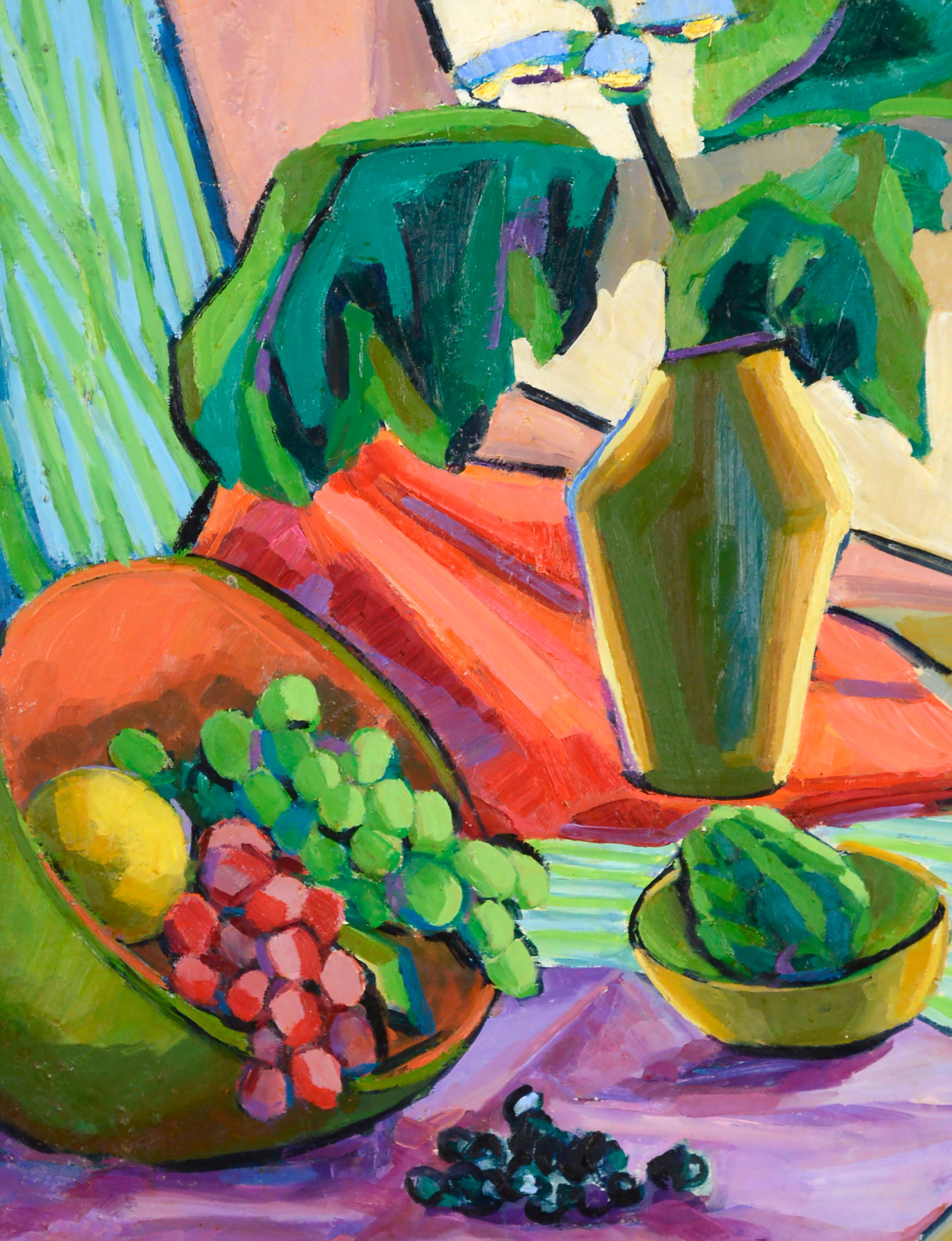 Mid Century Modern Grapes and Flowers Still Life - Brown Still-Life Painting by Virginia Sevier Rogers