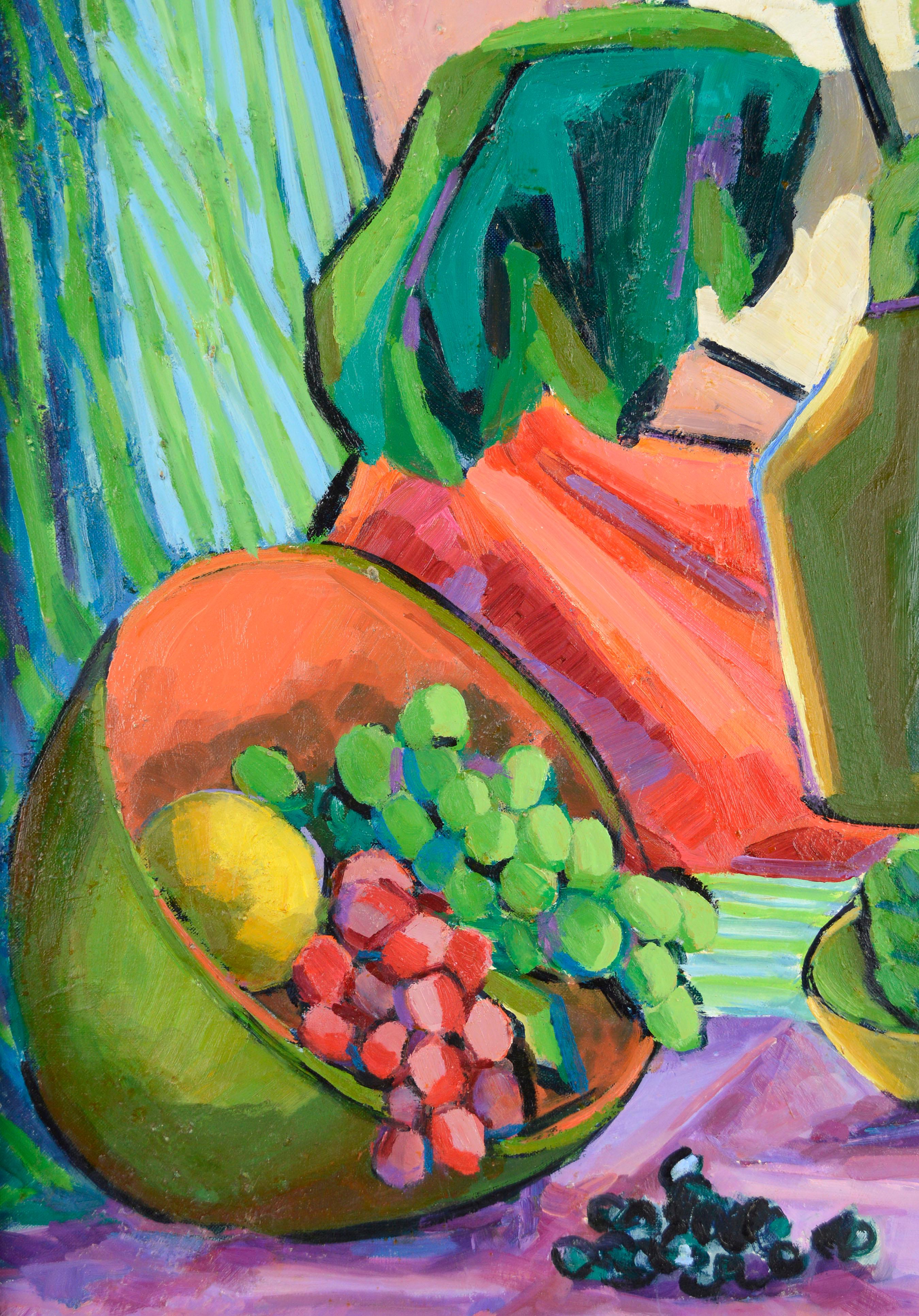 Colorful modernist still life of red and green grapes in a bowl next to a vase of flowers by California artist Virginia Sevier Rogers (American, 1917-2015). Unsigned. Unframed. From her estate and a collection of her work. Image size: 24