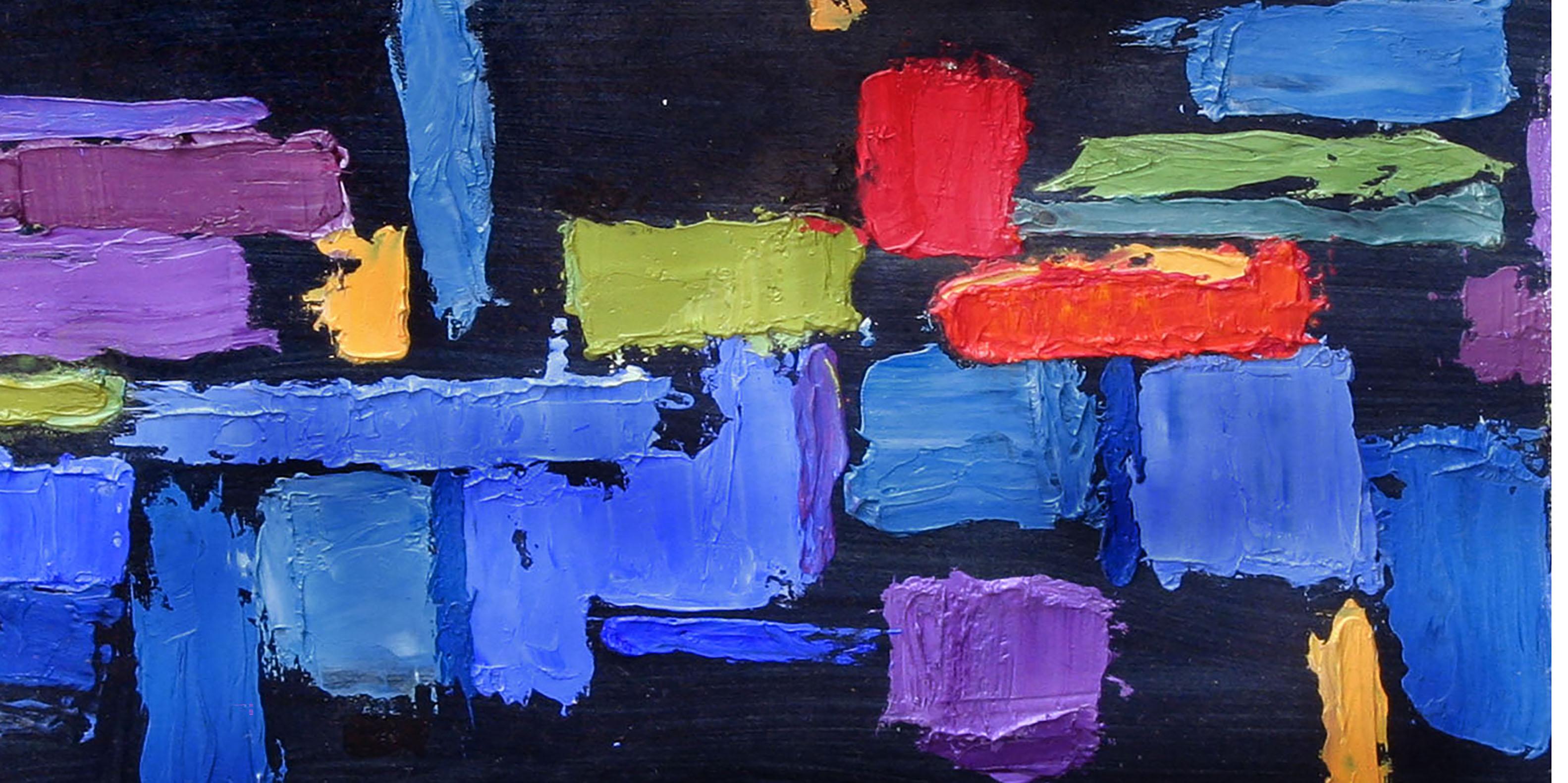 Mehrfarbiges geometrisches abstraktes Gemälde auf Schwarz, Mid-Century Modern  (Abstrakter Expressionismus), Painting, von Virginia Sevier Rogers
