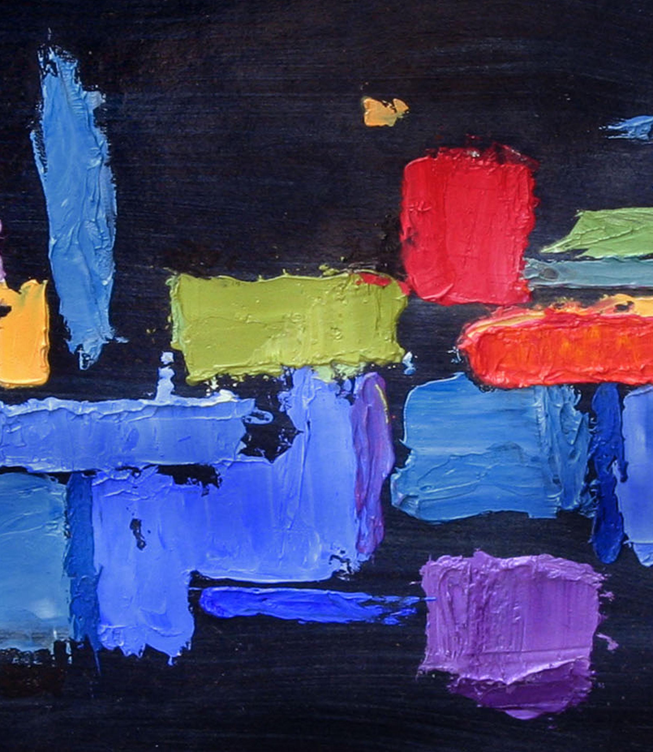 Abstrait géométrique multicolore à petite échelle de style moderne du milieu du siècle sur fond noir 

Peinture abstraite dramatique de Virginia Sevier Rogers (américaine, 1917-2015). Des carrés aux couleurs vives, bleu vif, rouge, jaune, violet et