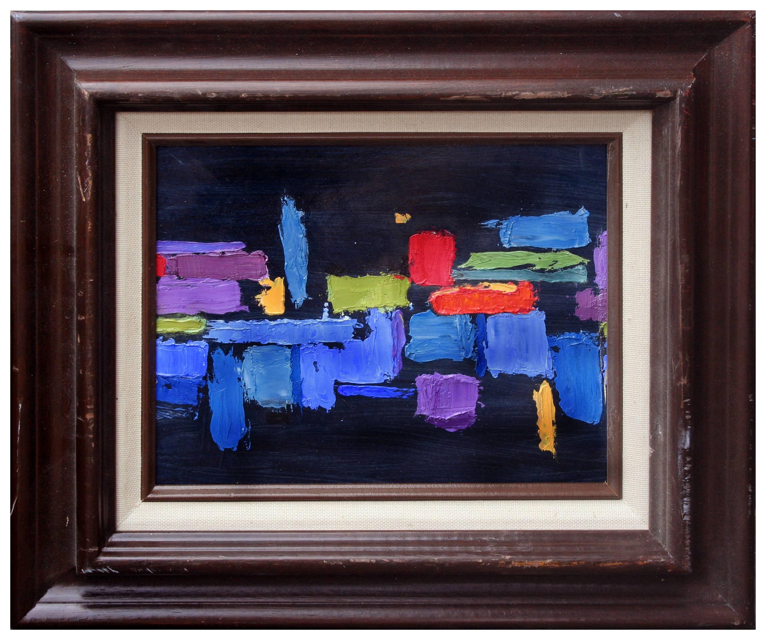 Abstract Painting Virginia Sevier Rogers - Abstrait géométrique multicolore sur fond noir The Moderns 
