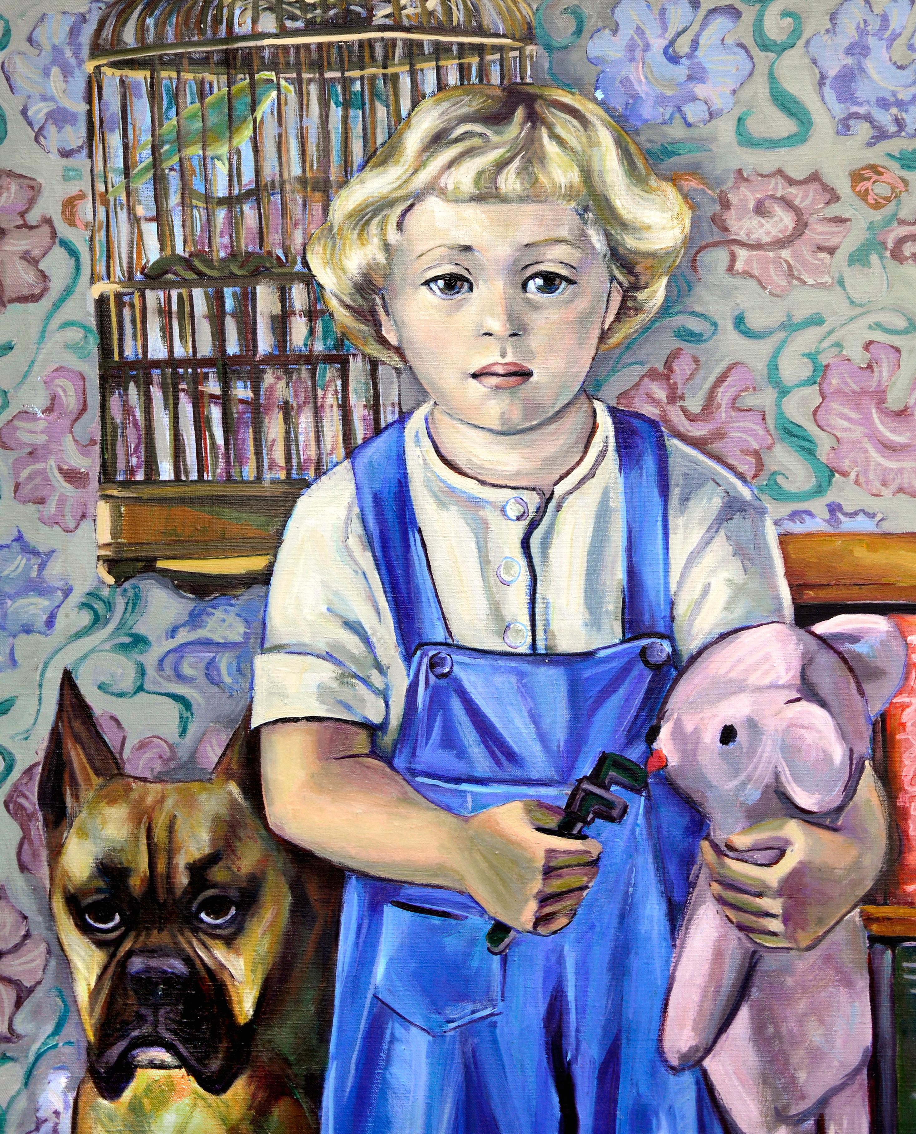 Mid Century Junge und sein Hund Figurativ (Realismus), Painting, von Virginia Sevier Rogers