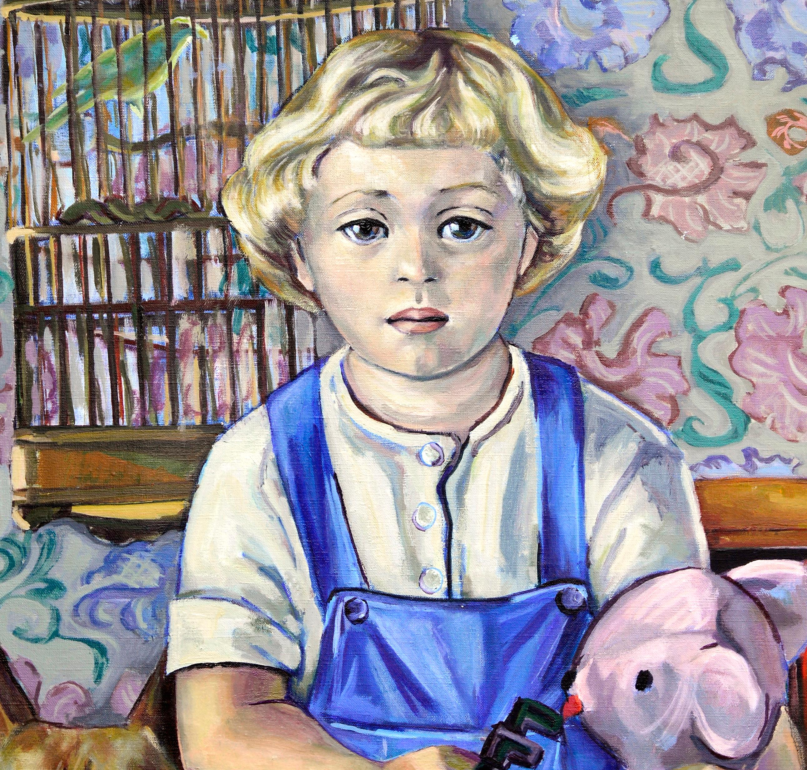 Ragazzo di metà secolo e il suo cane figurativo - Portrait Painting Grigio di Virginia Sevier Rogers