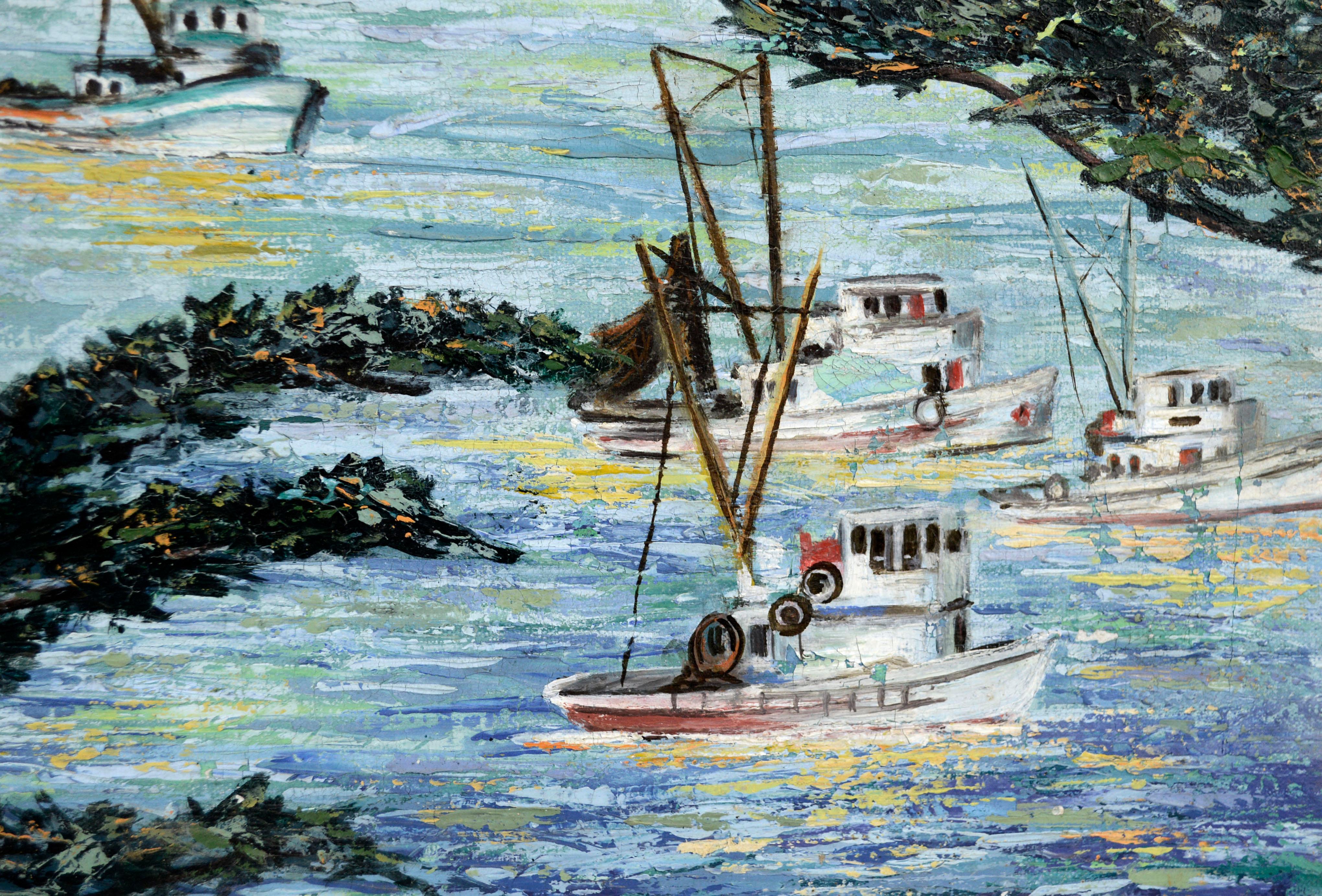 Boats At Sea, Mid Century Carmel California Coast Horizontal Seascape  - Painting by Virginia Shackles