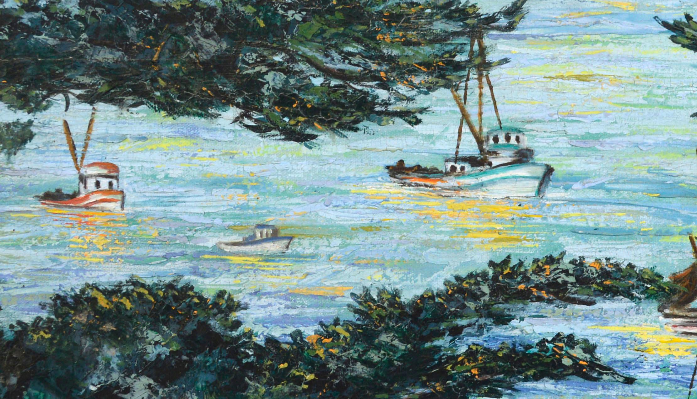 Boats At Sea, Mid Century Carmel California Coast Horizontal Seascape  - American Impressionist Painting by Virginia Shackles
