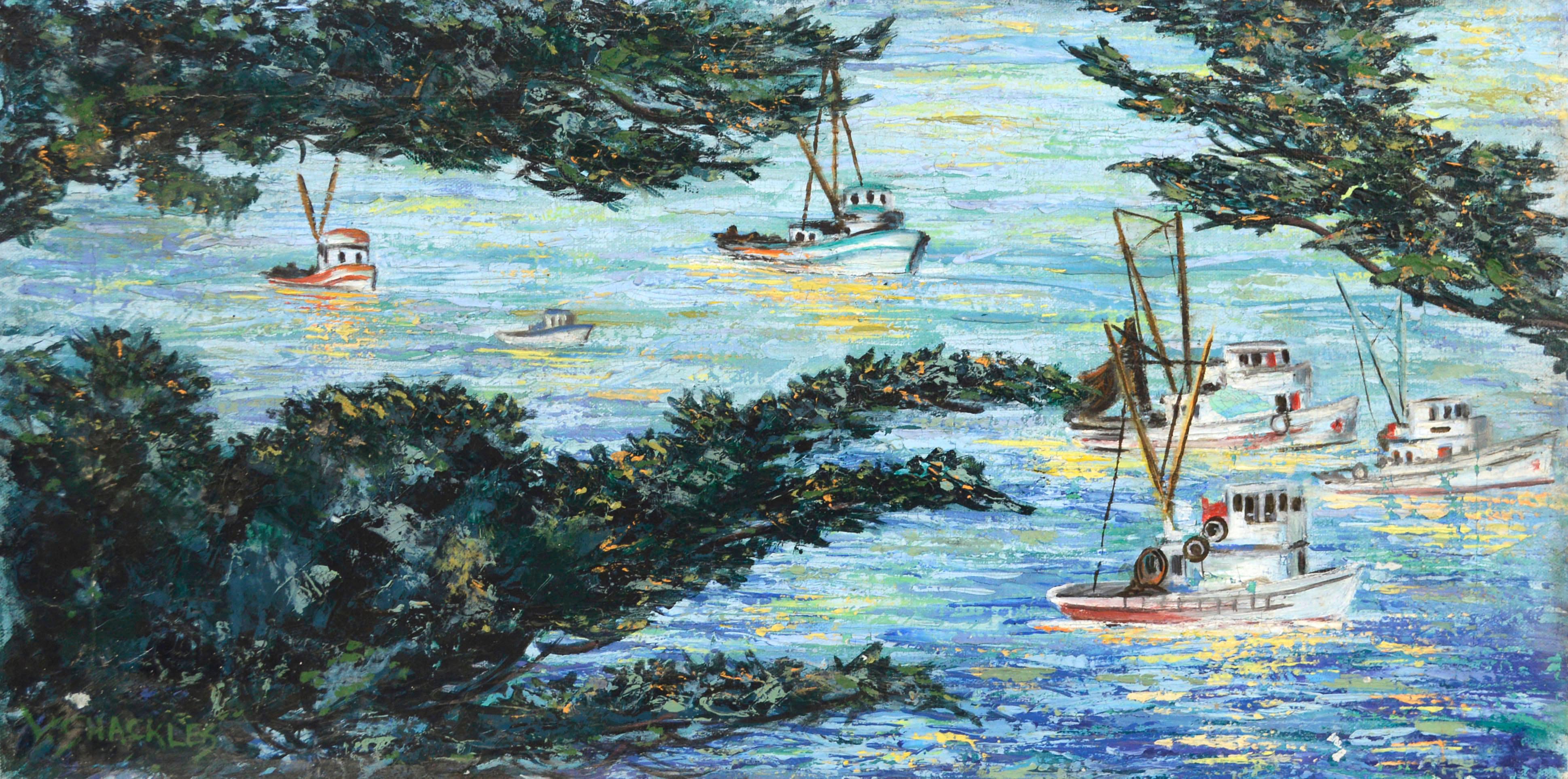 Virginia Shackles Landscape Painting - Boats At Sea, Mid Century Carmel California Coast Horizontal Seascape