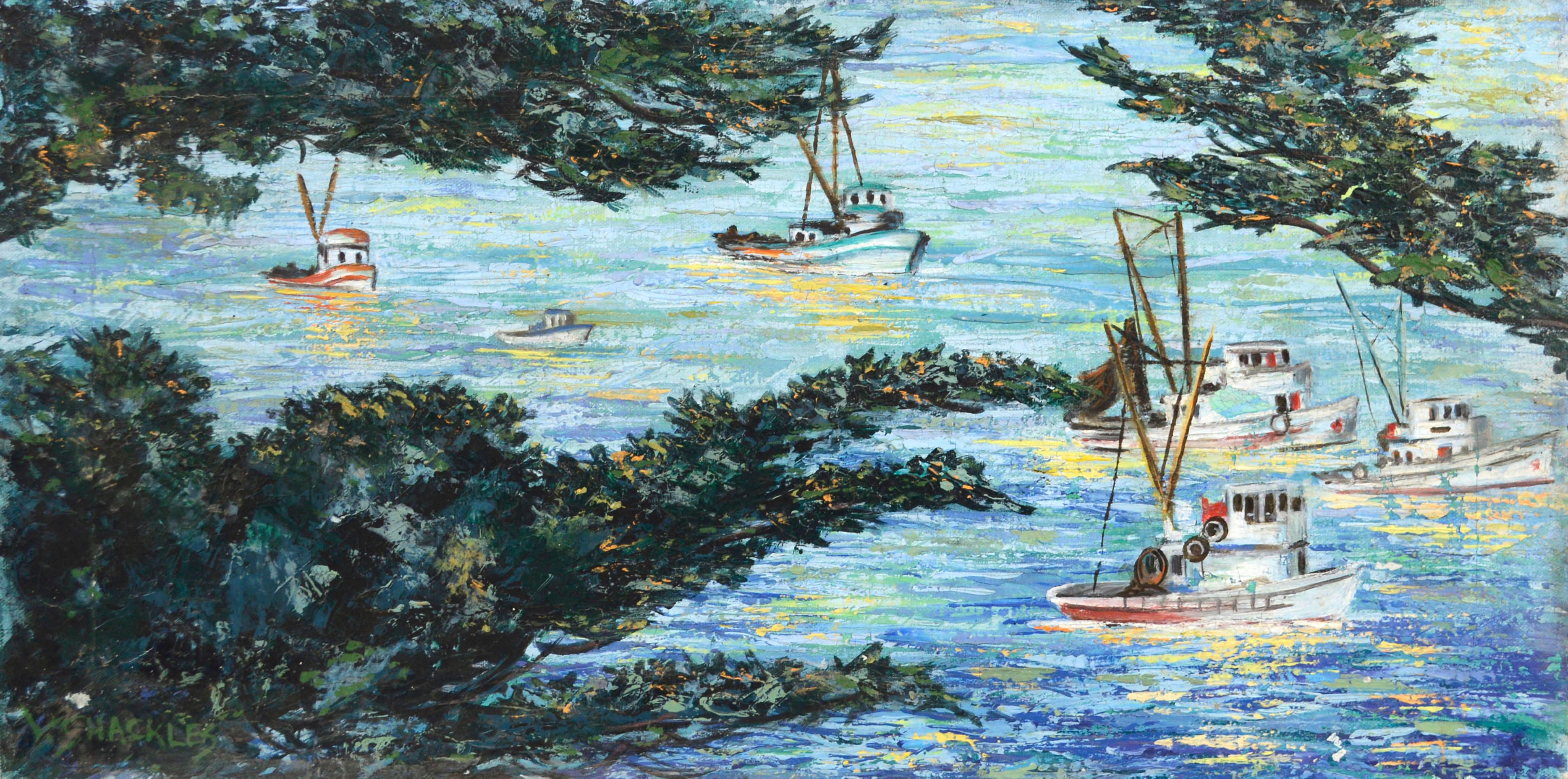 Virginia Shackles Landscape Painting - Boats At Sea, Mid Century Carmel California Coast Horizontal Seascape 