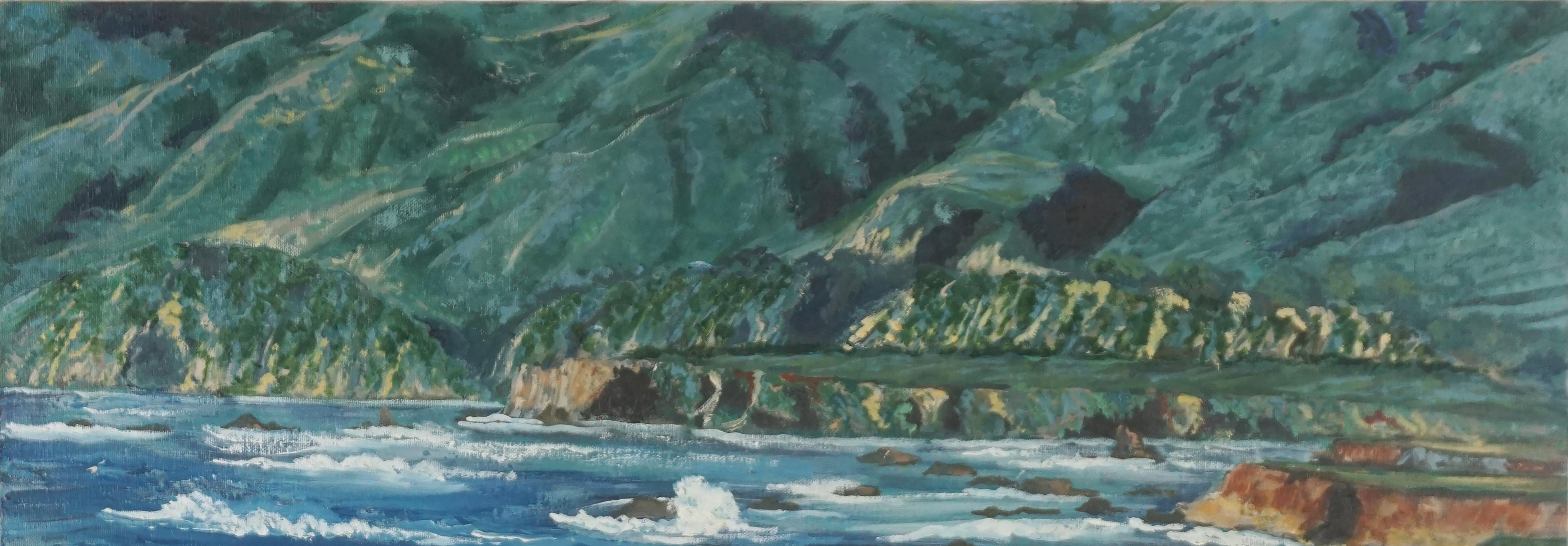 A beautiful American Impressionist oil seascape of the rugged Big Sur coast, Carmel California by Virginia Shackles (American, 1921-2020). The composition is pleasing with an interesting perspective of coastal hills that come down to water's edge