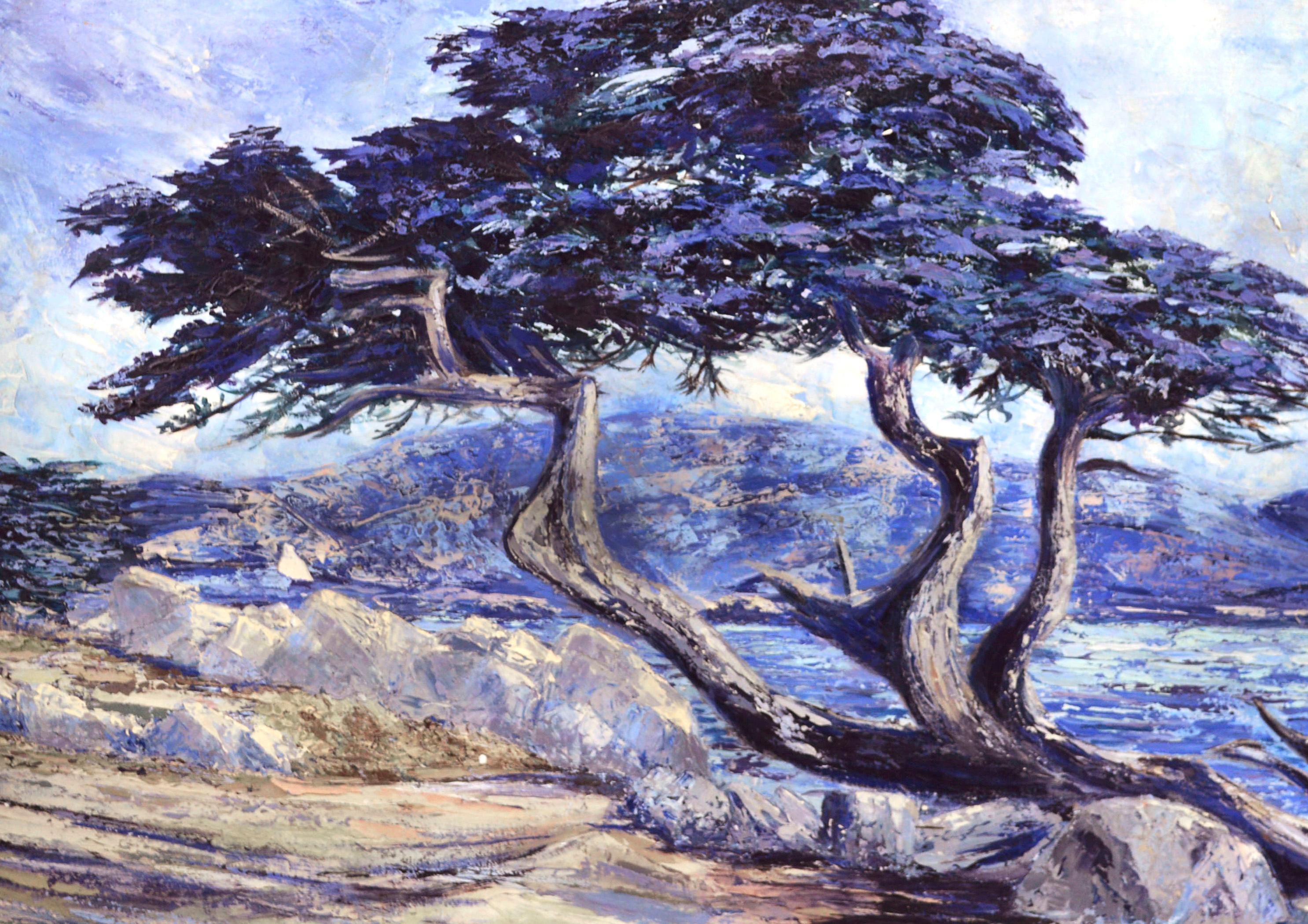 Point Lobos Cypress, Monterey Coastal Landscape with Cypress Tree  - Painting by Virginia Shackles