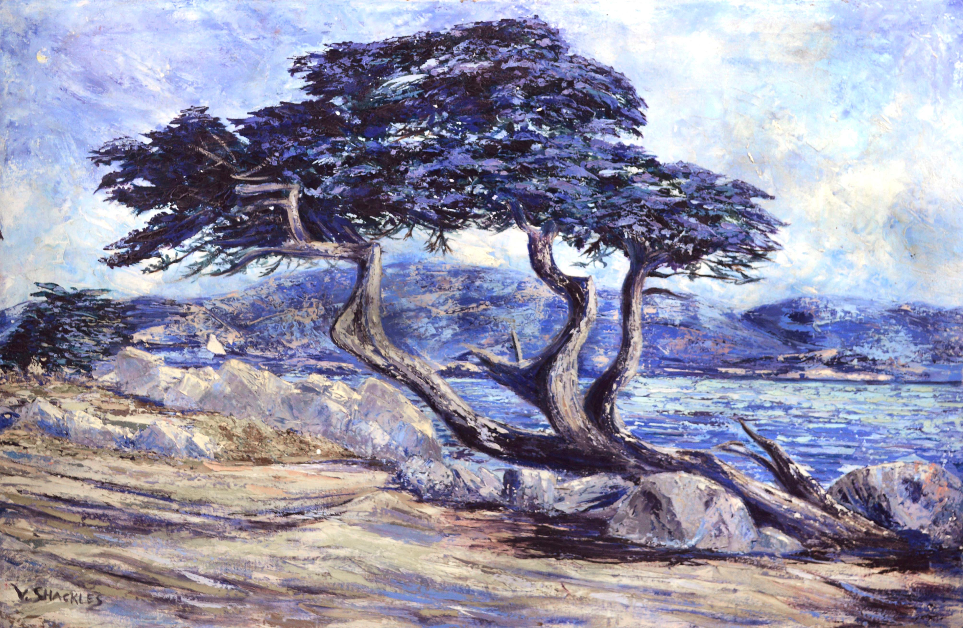 Virginia Shackles Landscape Painting - Point Lobos Cypress, Monterey Coastal Landscape with Cypress Tree 