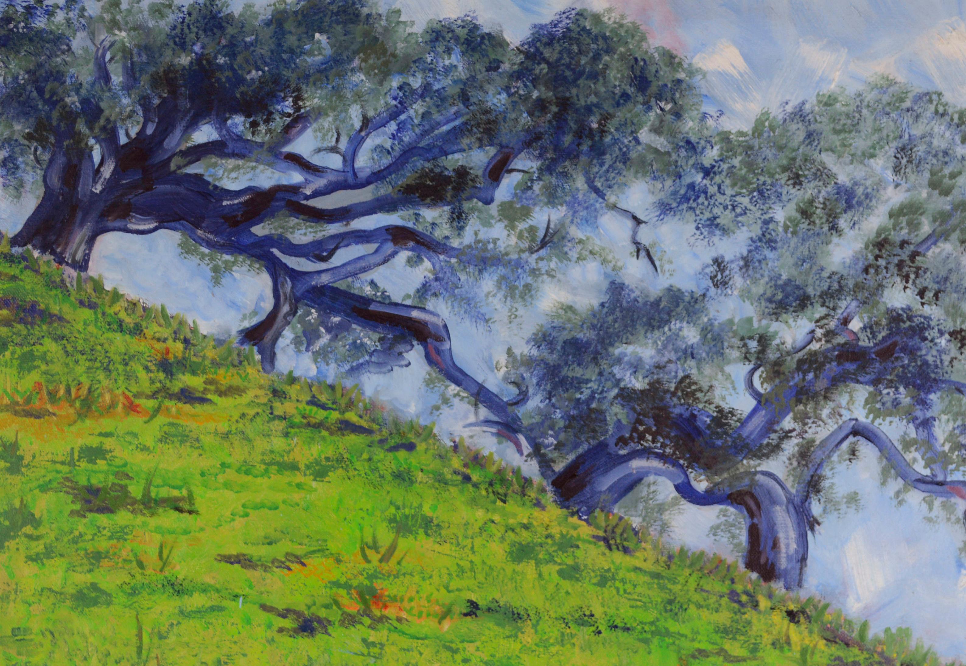 Hillside Cypress Trees, Monterey California Landscape - Painting by Virginia Shackles