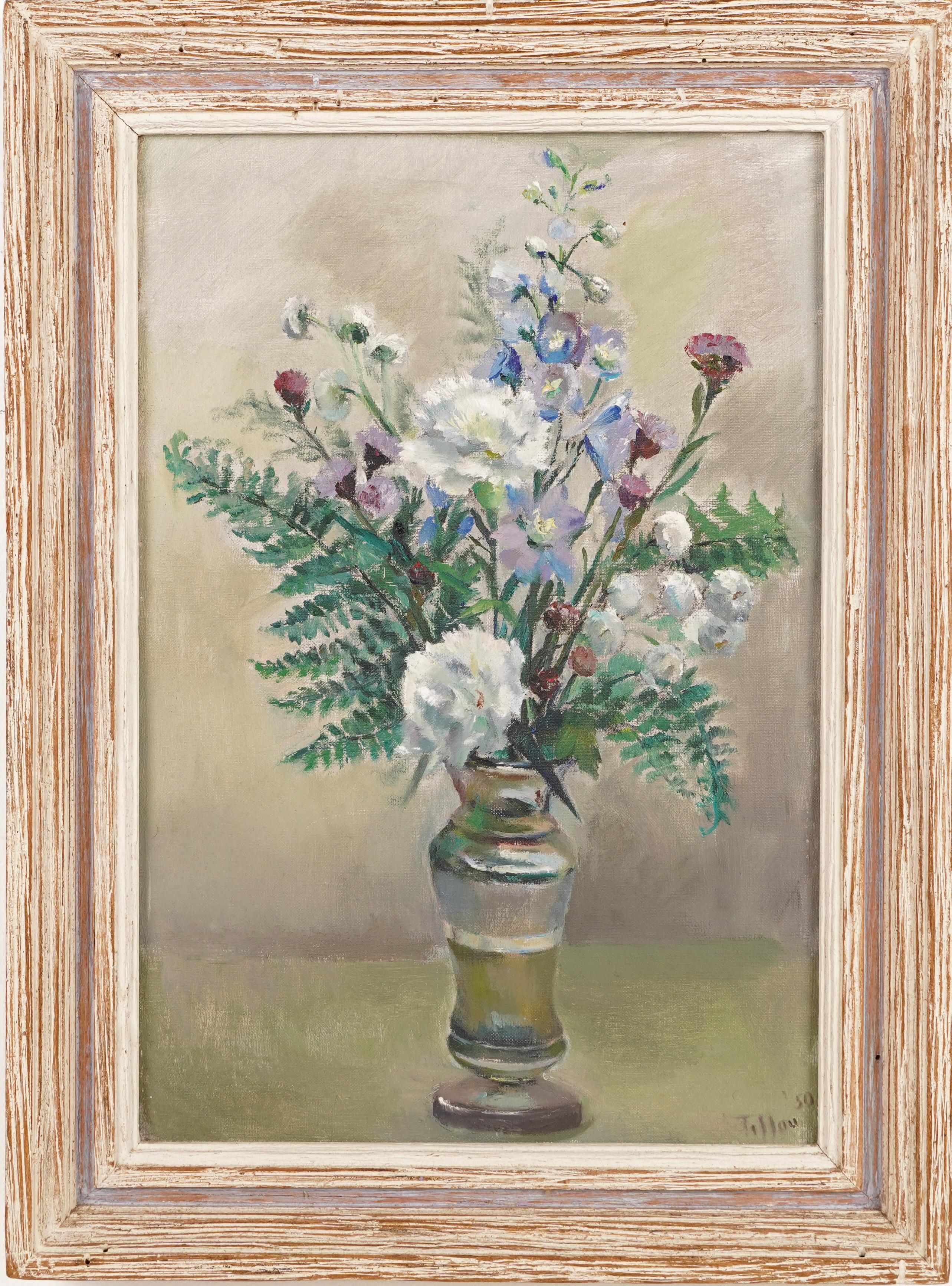 Virginia Tillou firma un'antica pittura a olio su natura morta modernista femminile americana in vendita 1