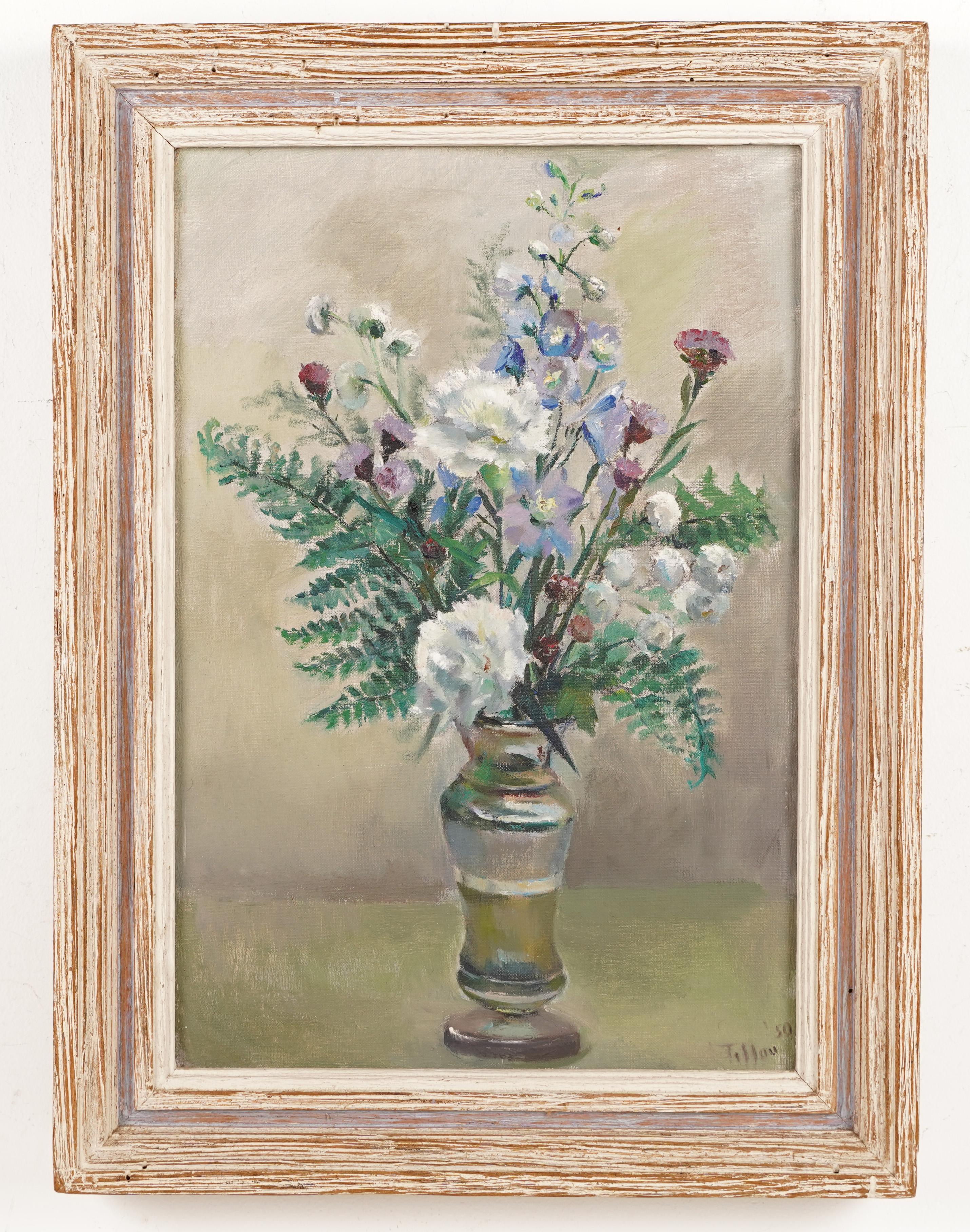 Virginia Tillou firma un'antica pittura a olio su natura morta modernista femminile americana in vendita 2