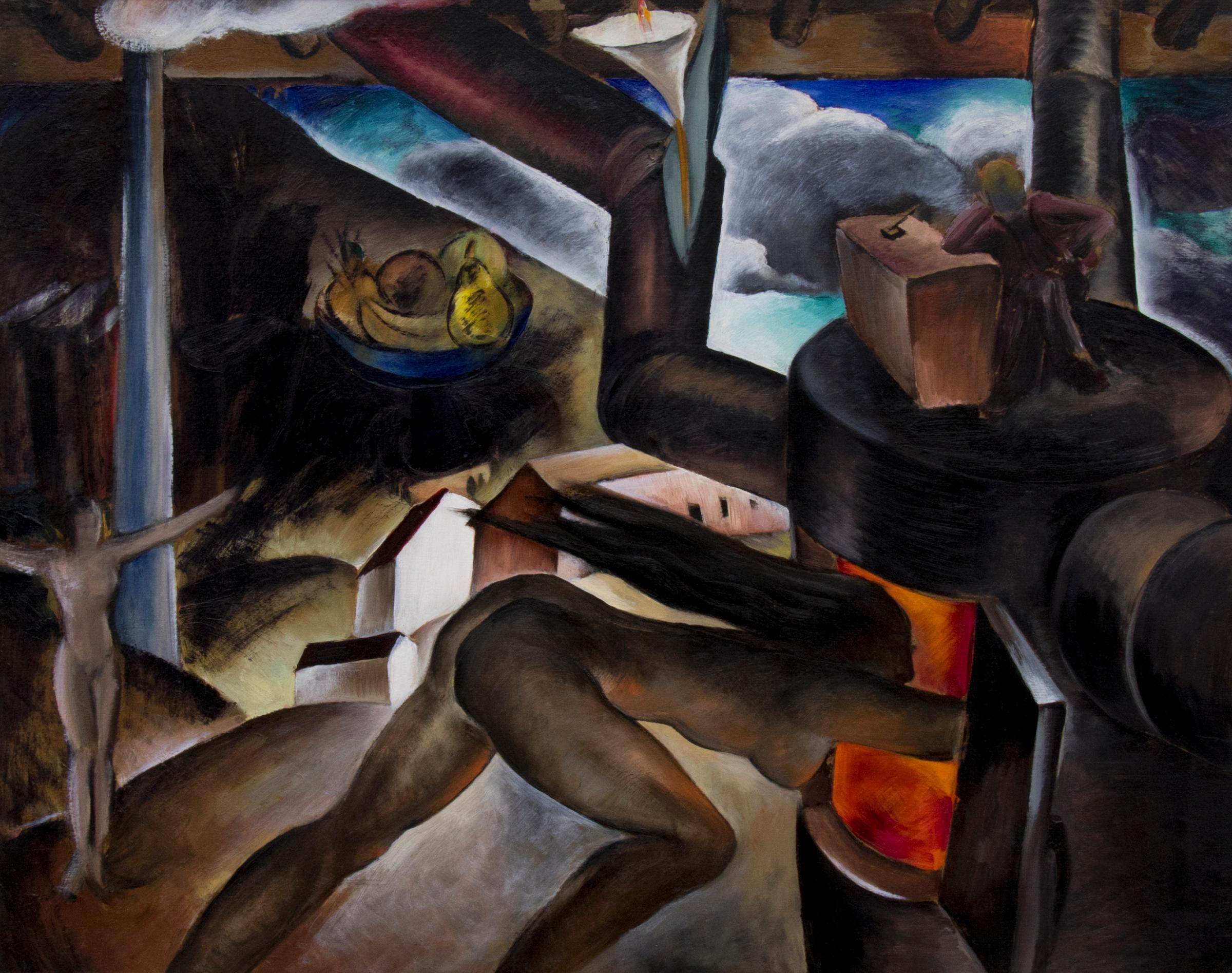 Femme nue surréaliste dans un paysage industriel, peinture à l'huile moderne des années 1930 - Painting de Virginia True