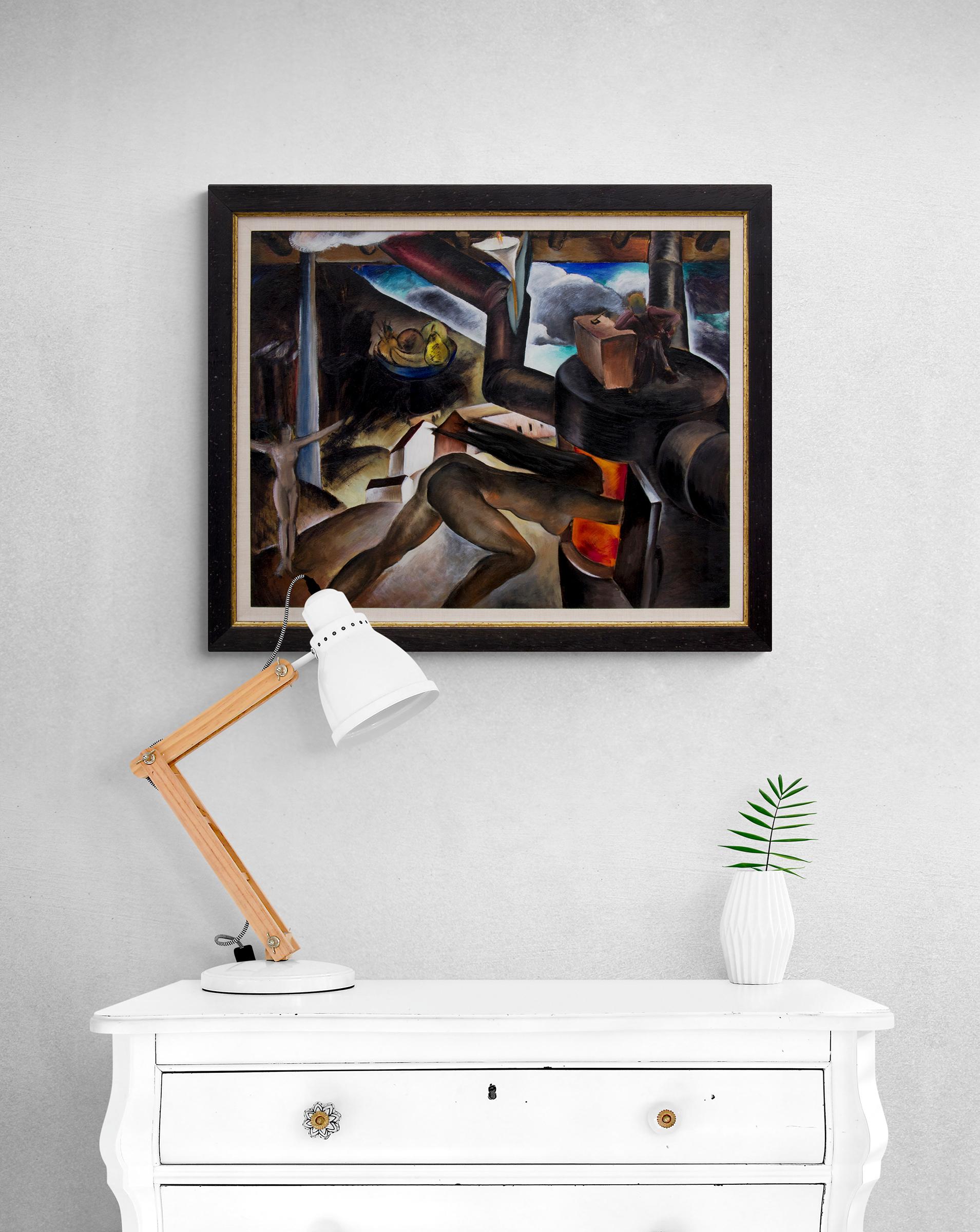Femme nue surréaliste dans un paysage industriel, peinture à l'huile moderne des années 1930 - Surréalisme Painting par Virginia True