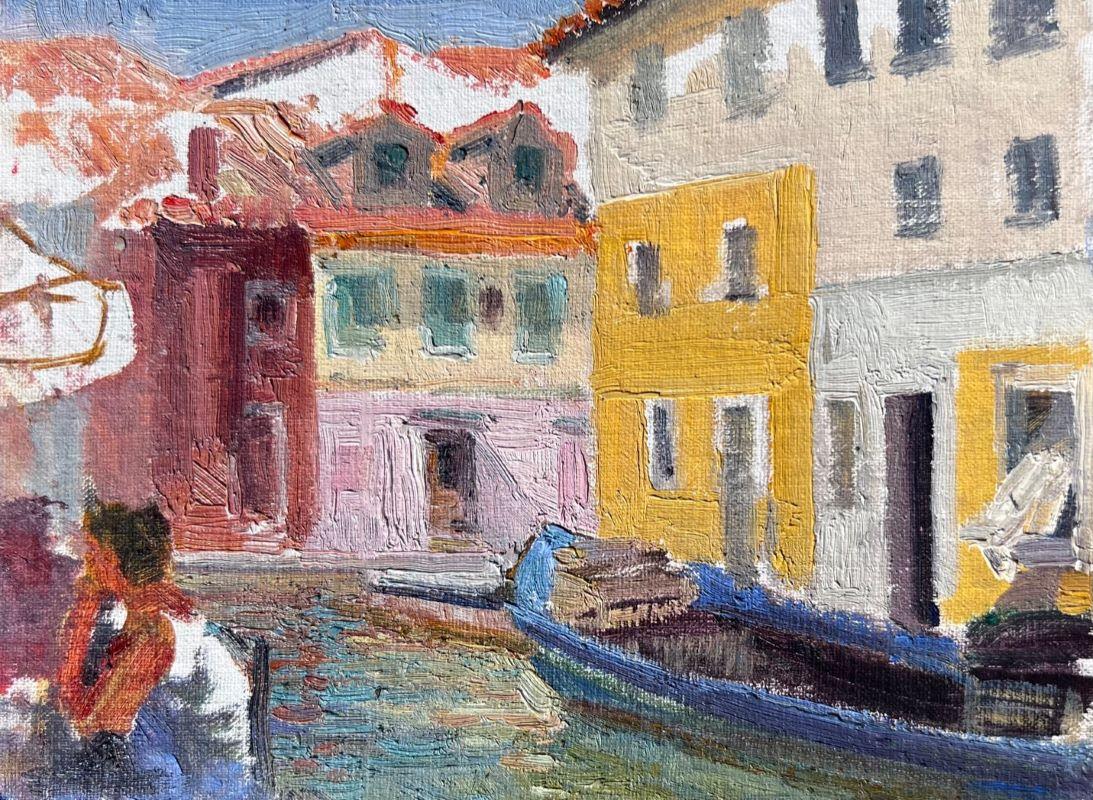 Burano, Italy, Impressionism , Landscape, Framed, Colors, Café, Plein Aire - Painting by Virginia Vaughan 