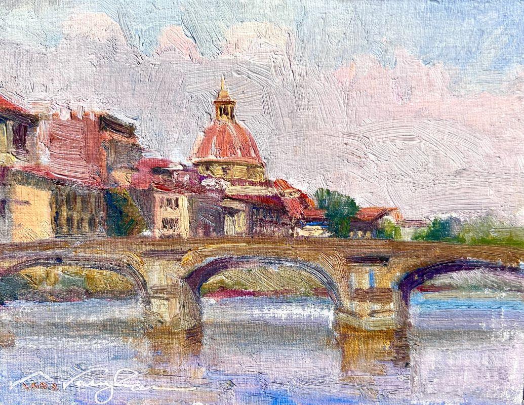 Down River from the Pont Vecchio Bridge, Impressionism , Landscape, Plein Aire, - Painting by Virginia Vaughan 