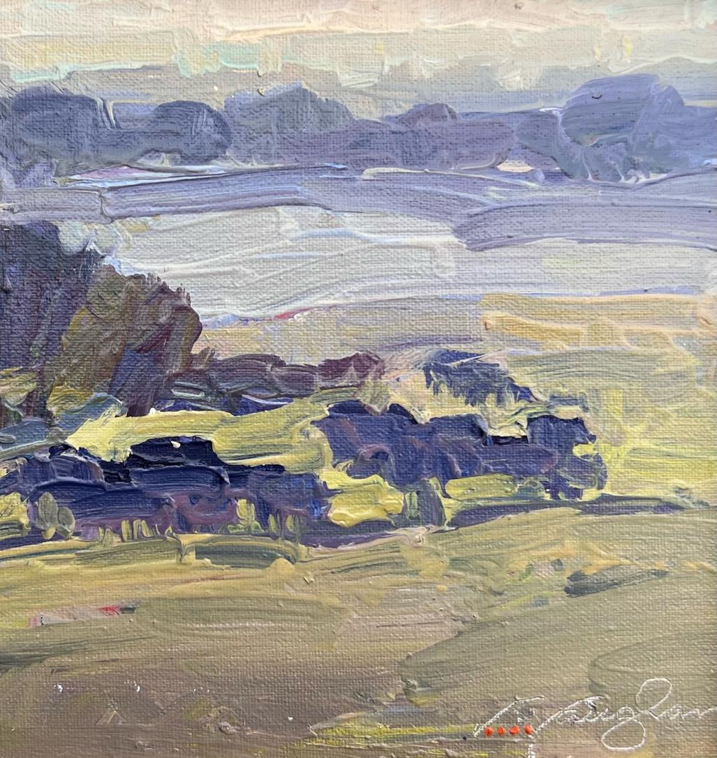 Foggy Morning, Impressionism , Landscape, Cattle, Texas Scene - Gray Landscape Painting by Virginia Vaughan 