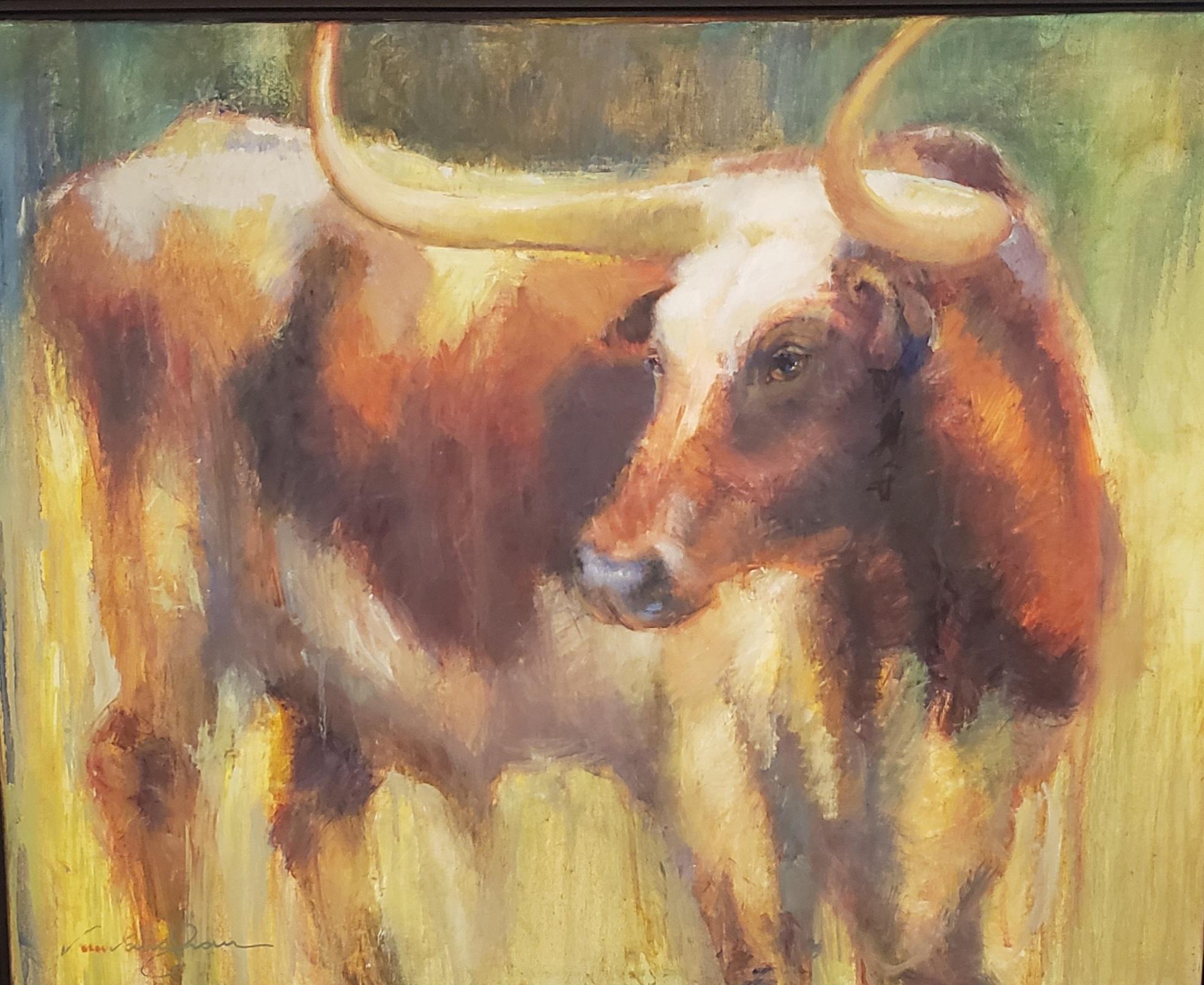 Gaze, bovin du Texas, impressionnisme, ranchs du Texas, artiste texan, encadré - Painting de Virginia Vaughan 