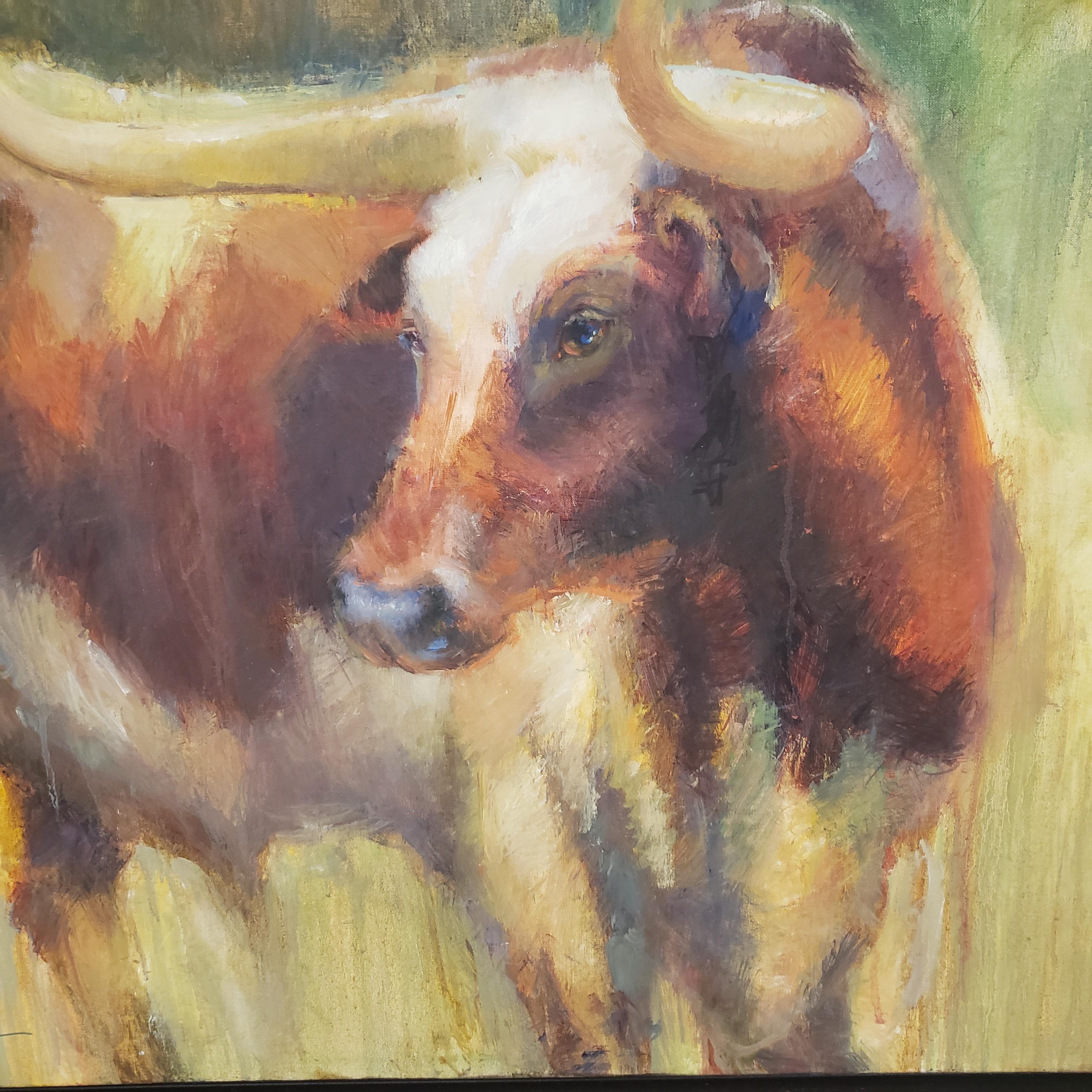 Gaze, bovin du Texas, impressionnisme, ranchs du Texas, artiste texan, encadré - Impressionnisme américain Painting par Virginia Vaughan 