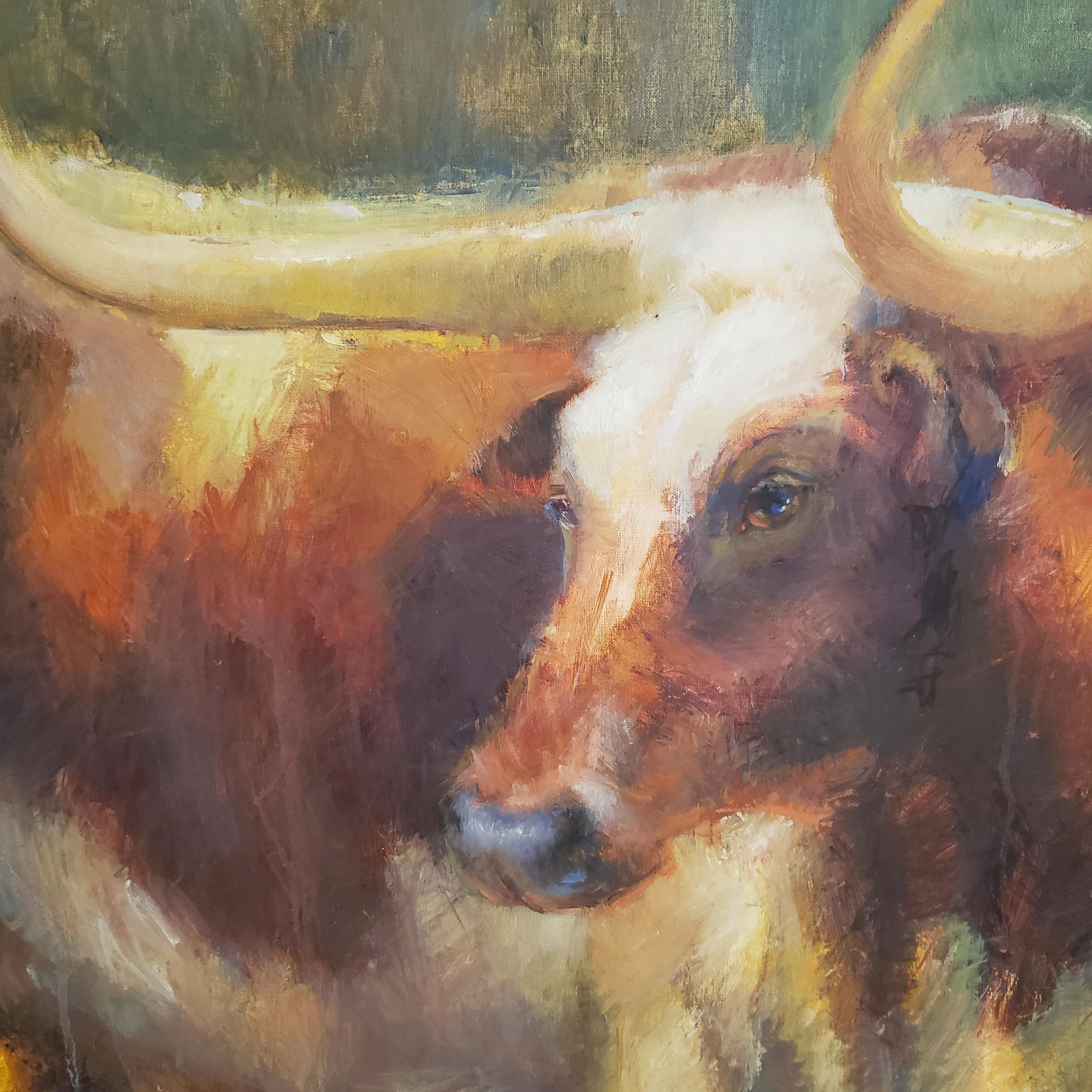 Gaze, bovin du Texas, impressionnisme, ranchs du Texas, artiste texan, encadré - Marron Landscape Painting par Virginia Vaughan 