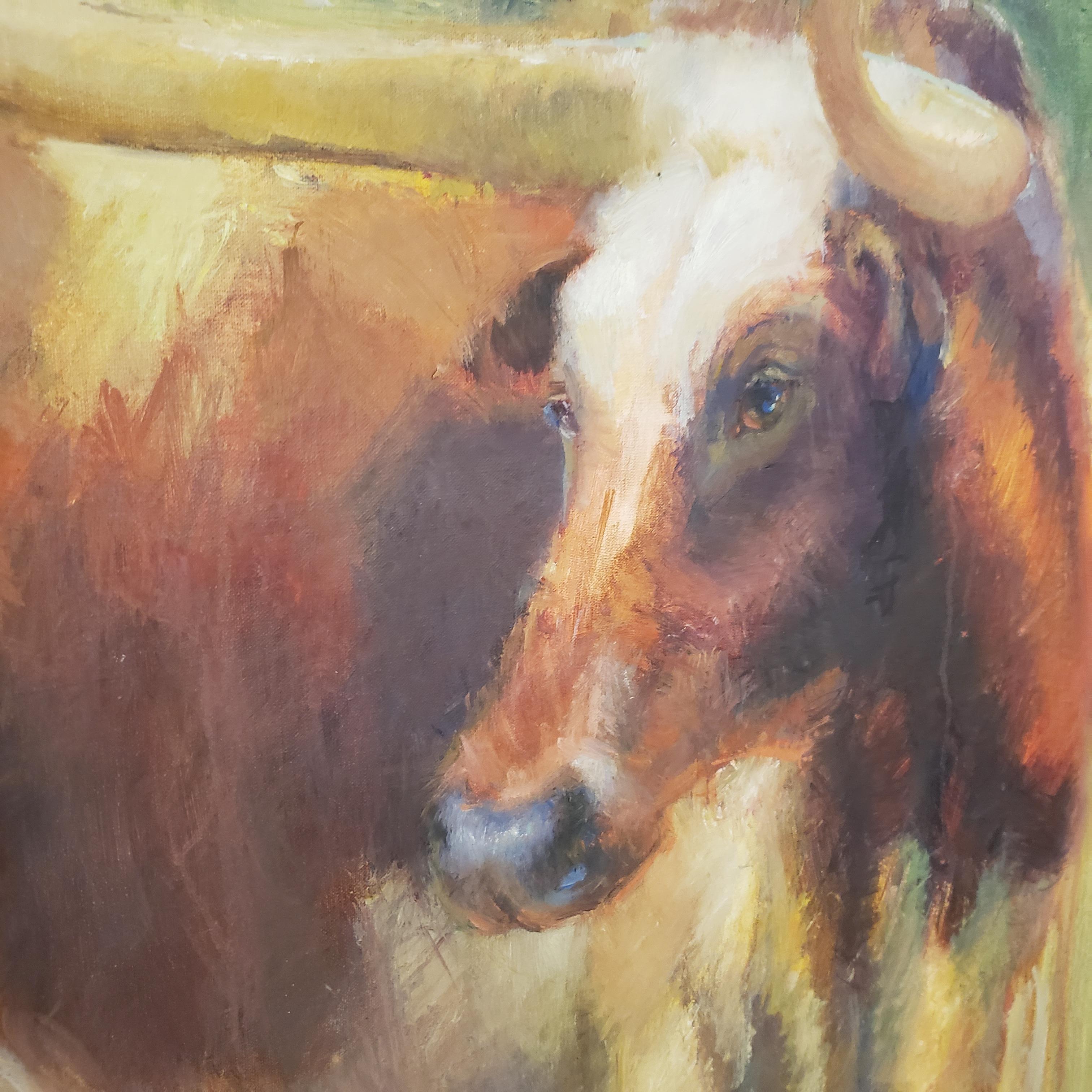Blick  zeigt das berühmte Texas Longhorn  auf einer texanischen Ranch.  Es hat einen impressionistischen Stil, wie er in vielen Texas-Gemälden von Virginia Vaughan zu sehen ist. Sie ist bekannt für ihre Bilder von Tieren, texanischen Missionen und