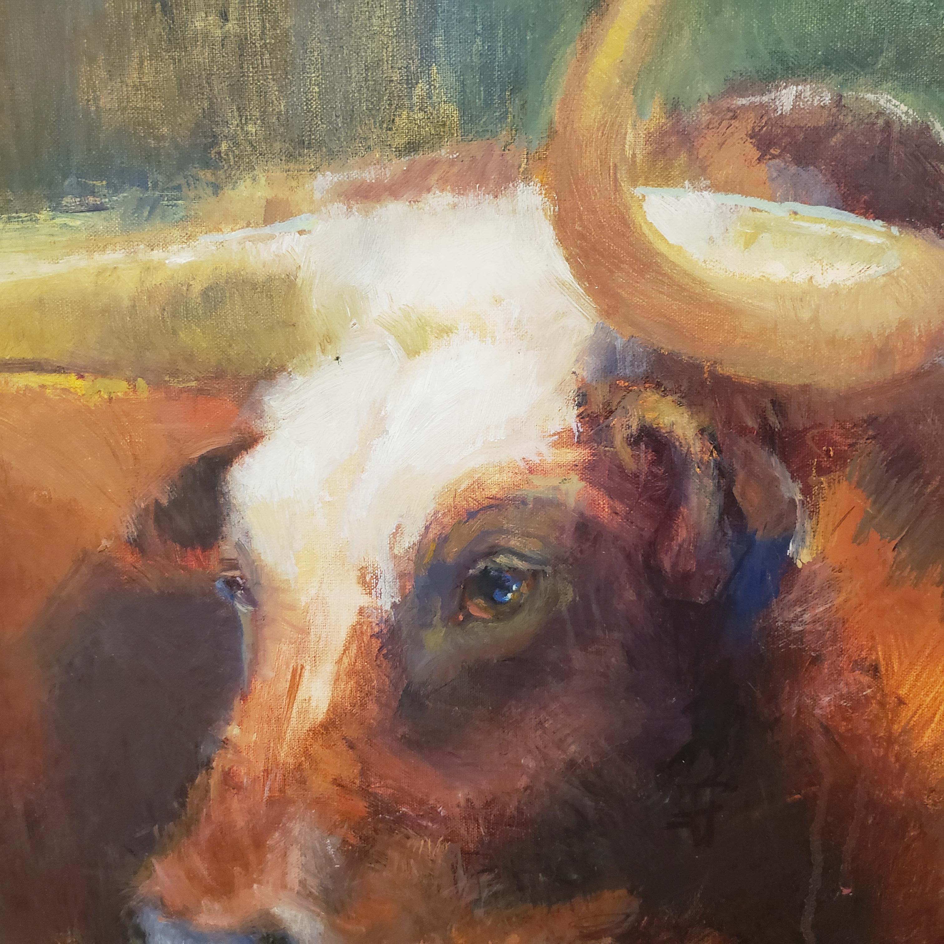 Gaze, bovin du Texas, impressionnisme, ranchs du Texas, artiste texan, encadré en vente 1