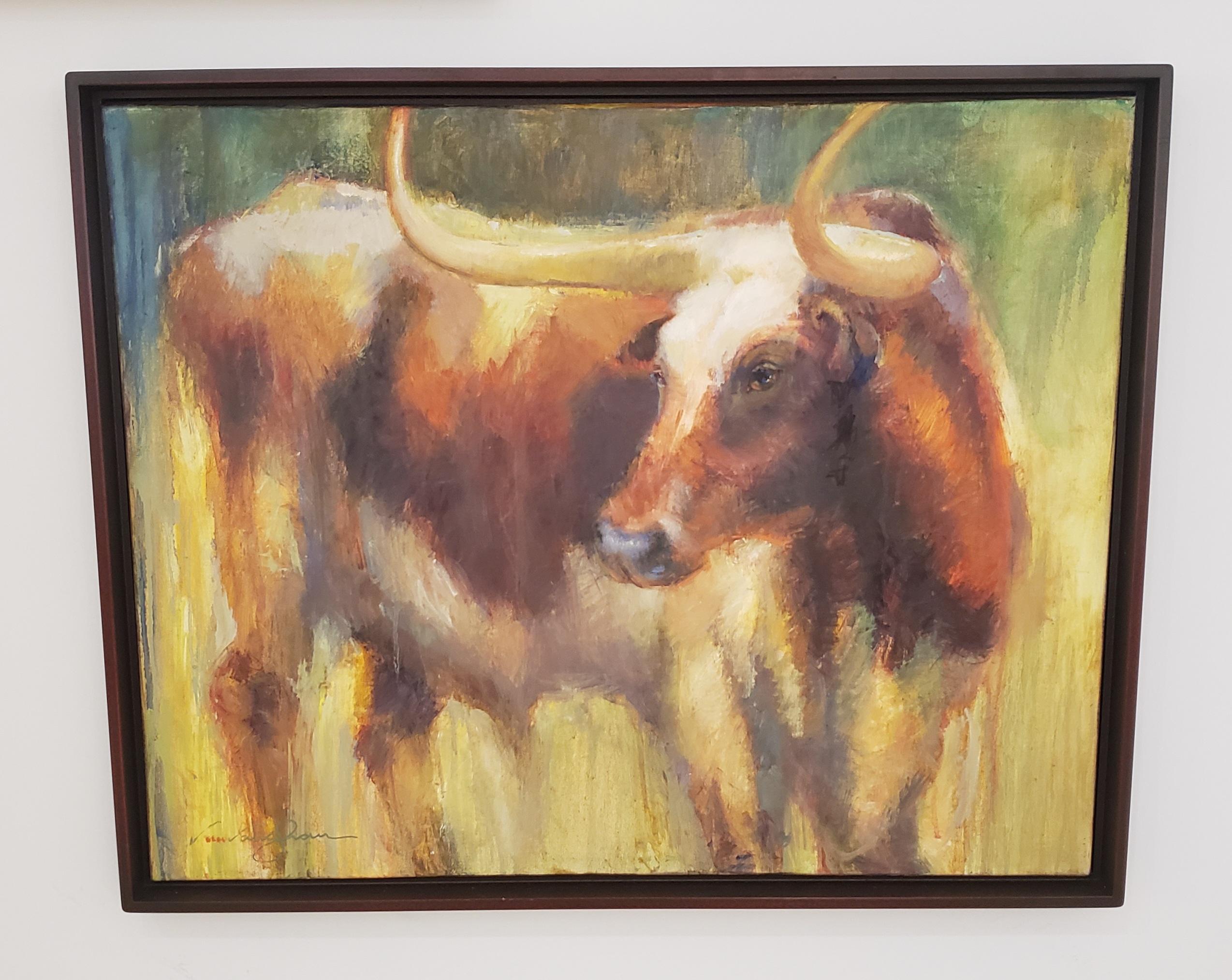 Virginia Vaughan  Landscape Painting - Gaze , Texas Cattle, Impressionism , Texas Ranches, Texas Artist, Framed