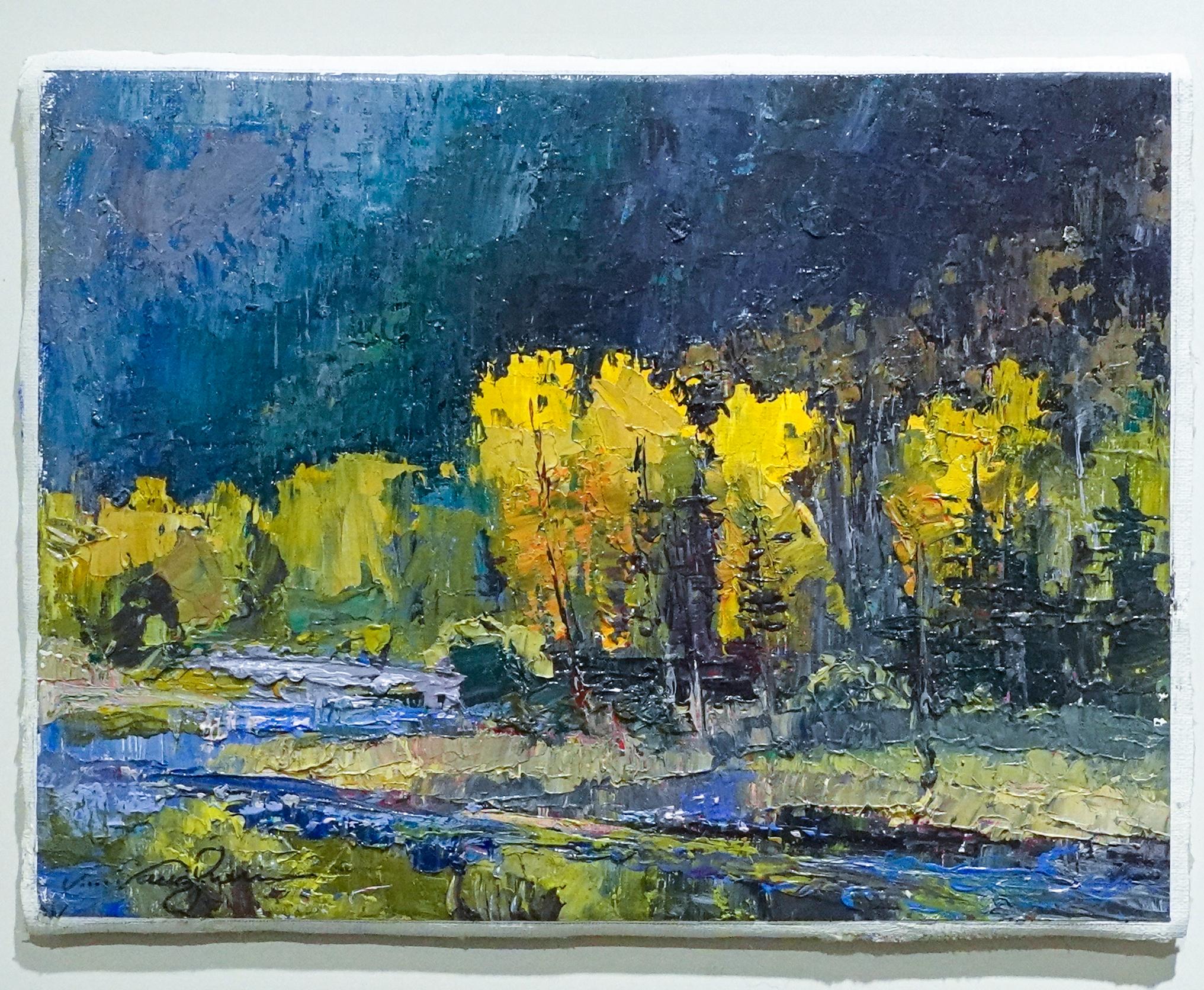 Golden Treetops Conejos River in Süd-Colorado Pappel Bäume Sonne Strahlen – Painting von Virginia Vaughan 