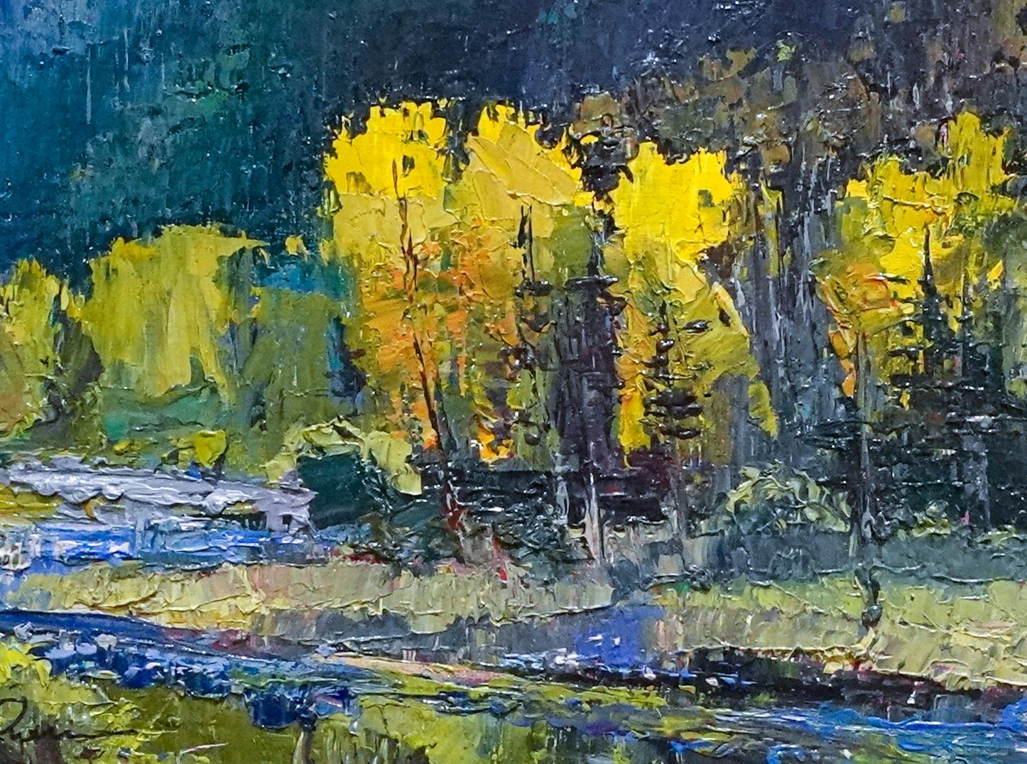 Golden Treetops Conejos River in Süd-Colorado Pappel Bäume Sonne Strahlen (Amerikanischer Impressionismus), Painting, von Virginia Vaughan 