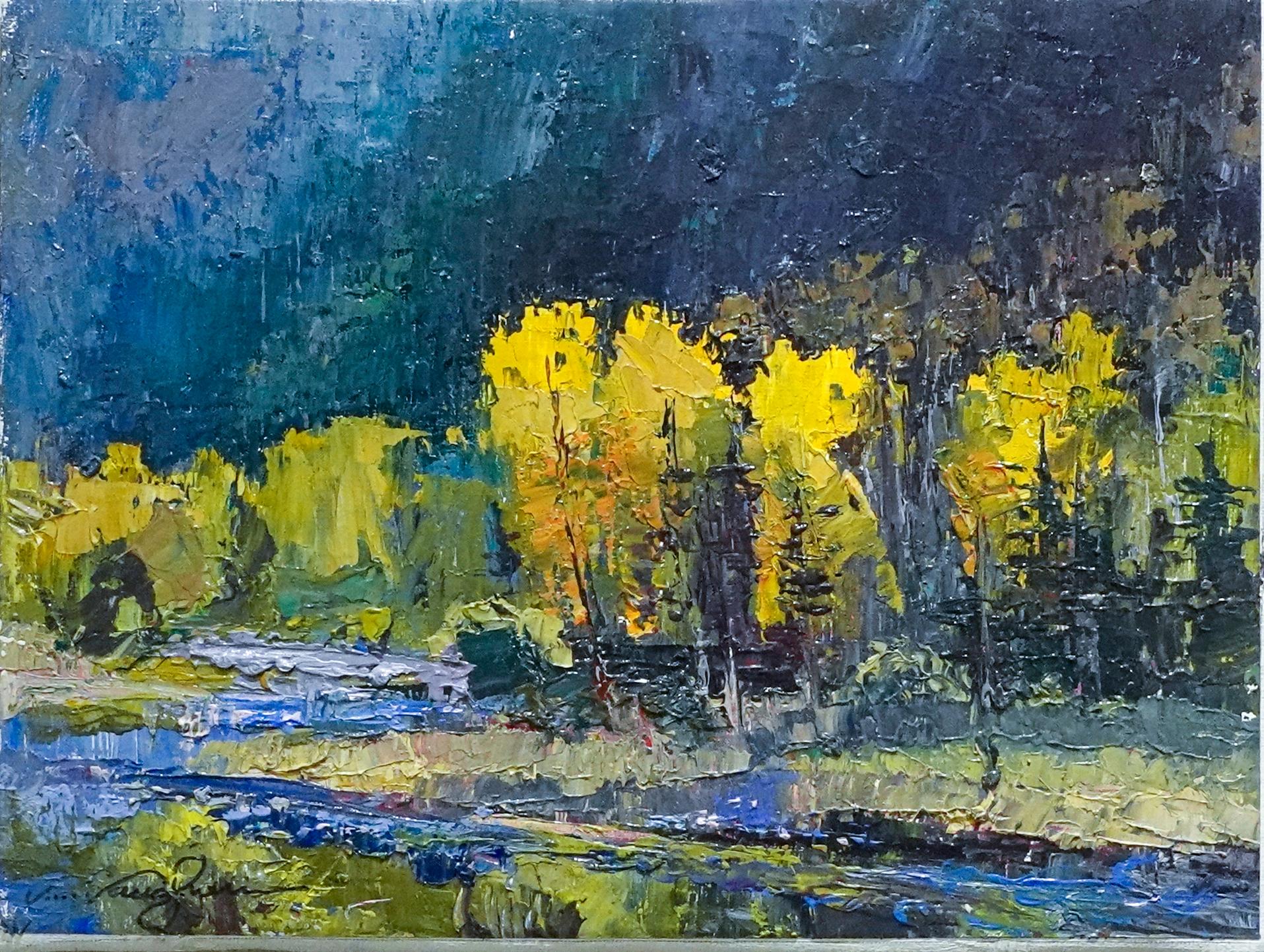 Golden Treetops Conejos River in Süd-Colorado Pappel Bäume Sonne Strahlen (Schwarz), Landscape Painting, von Virginia Vaughan 