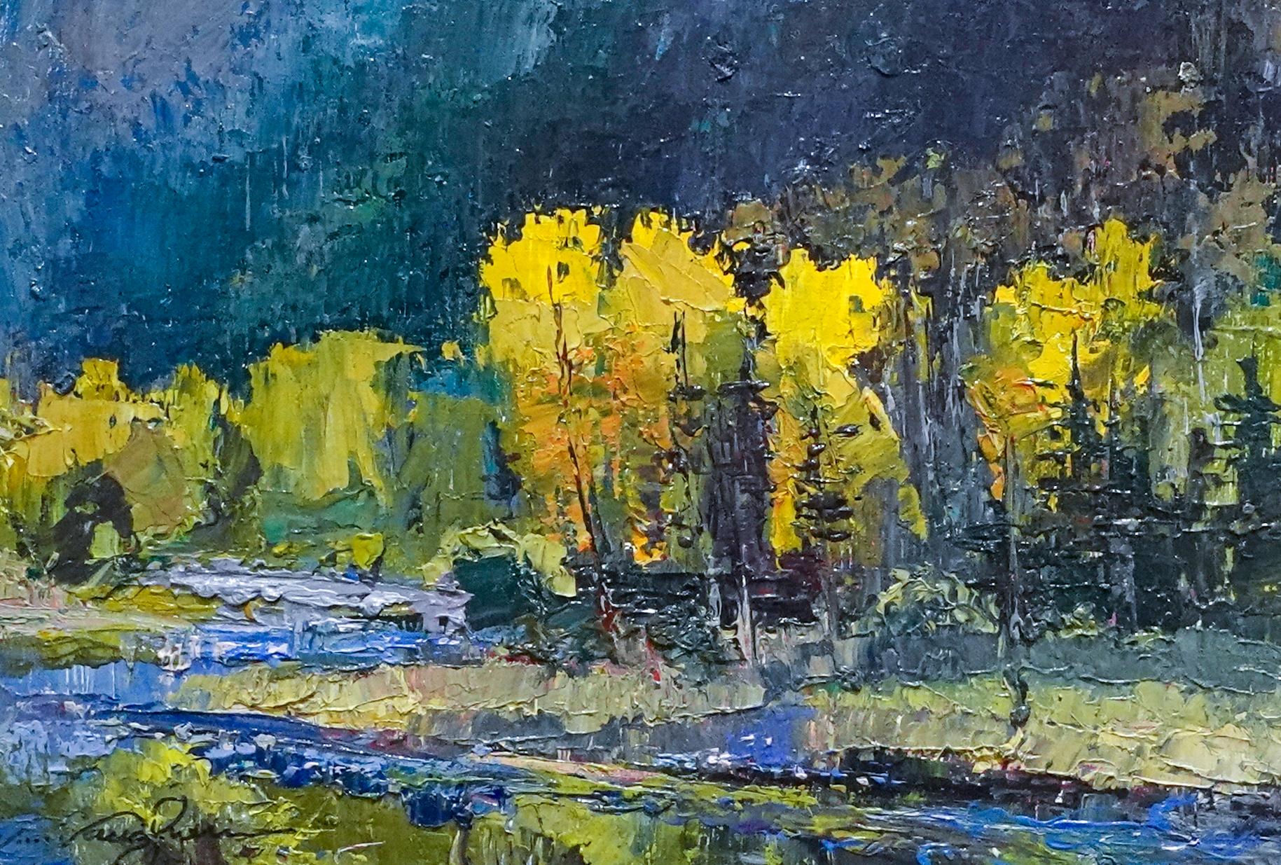  Golden Treetops Conejos River im südlichen Colorado Pappel Bäume Sonne Strahlen 8