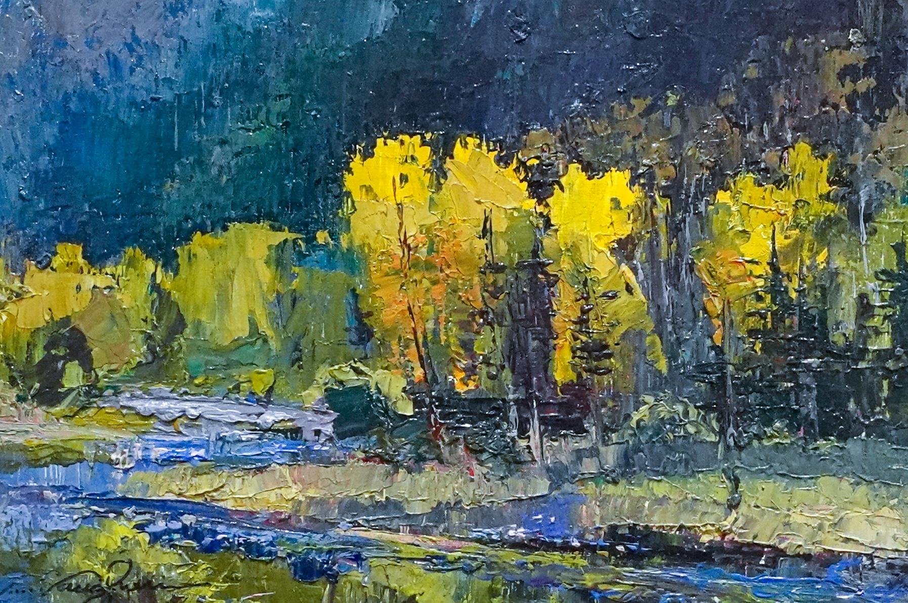 Golden Treetops Conejos River in Süd-Colorado Pappel Bäume Sonne Strahlen im Angebot 1