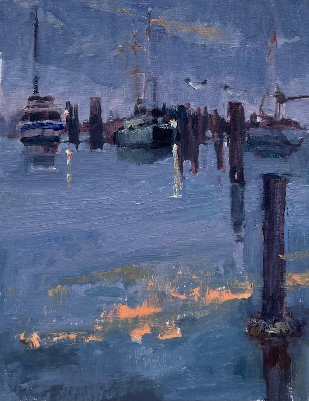 Virginia Vaughan  Landscape Painting - Harbor Dawn, Rockport, Impressionism , Seascape, Framed, Texas Gulf Coast