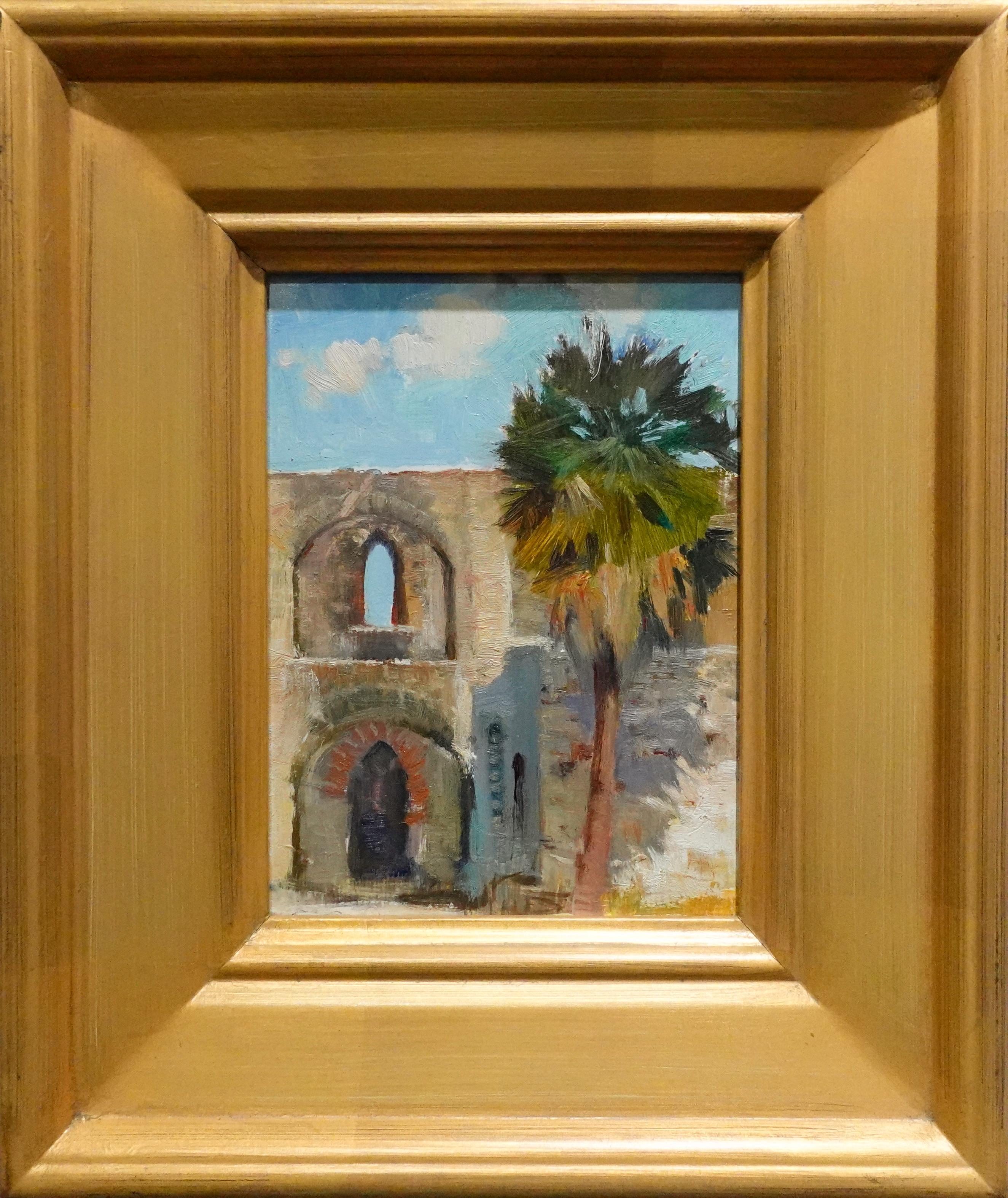 Die Mission San Jose in San Antonio ist für ihre spektakuläre Architektur bekannt, aber der dramatische Schatten, den eine einfache Palme wirft, zeigt das Licht und den Schatten im Gemälde.
Die Gründung der 