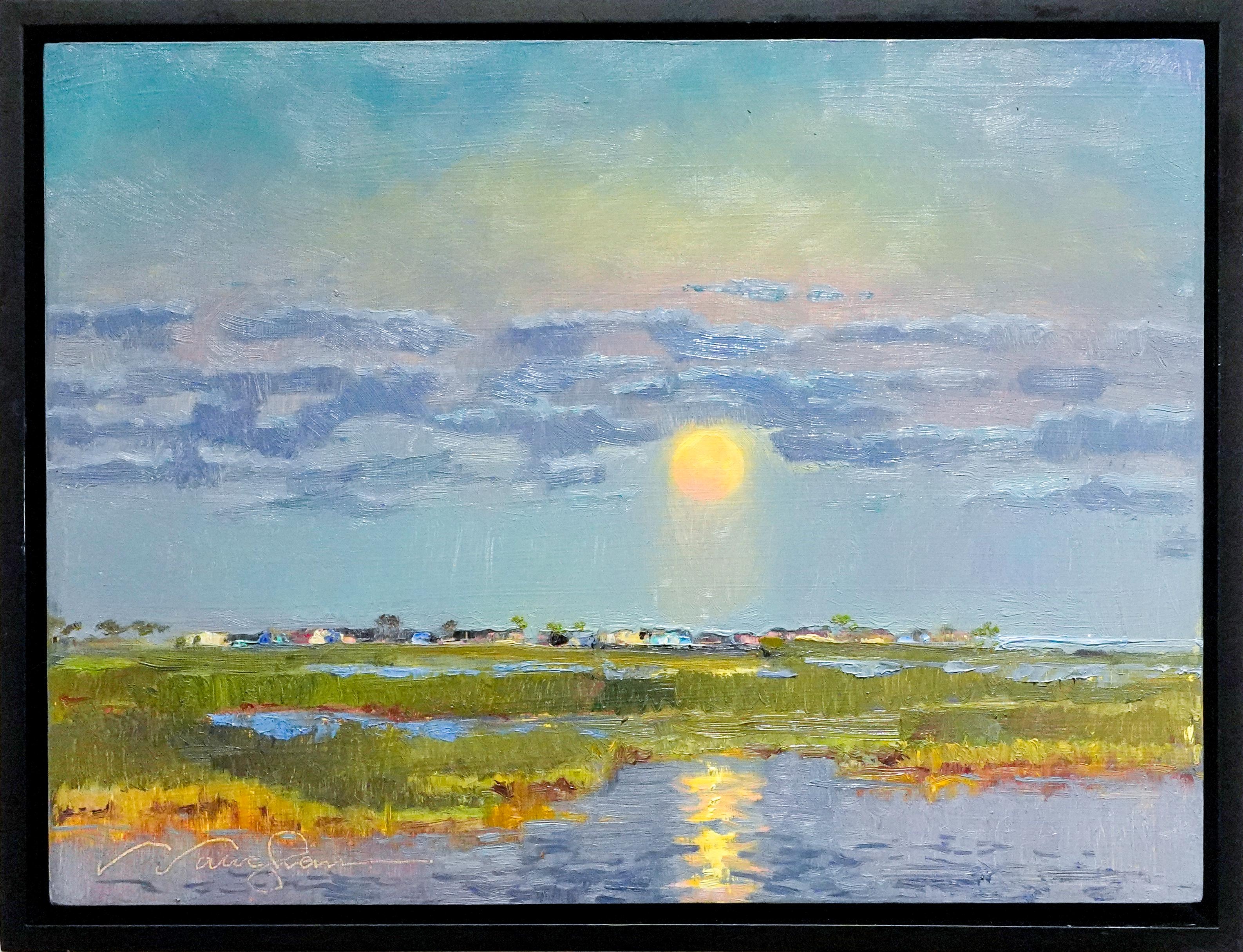 Moonset Palm Rockport Texas Wind Blue Sky Waning Moon Oil Impressionism 8