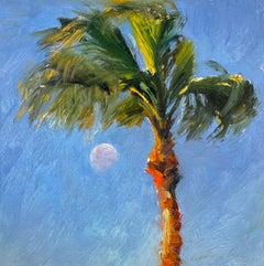 Moonset Palm Rockport Texas Wind Blue Sky Waning Moon Oil Impressionism 8"x6"