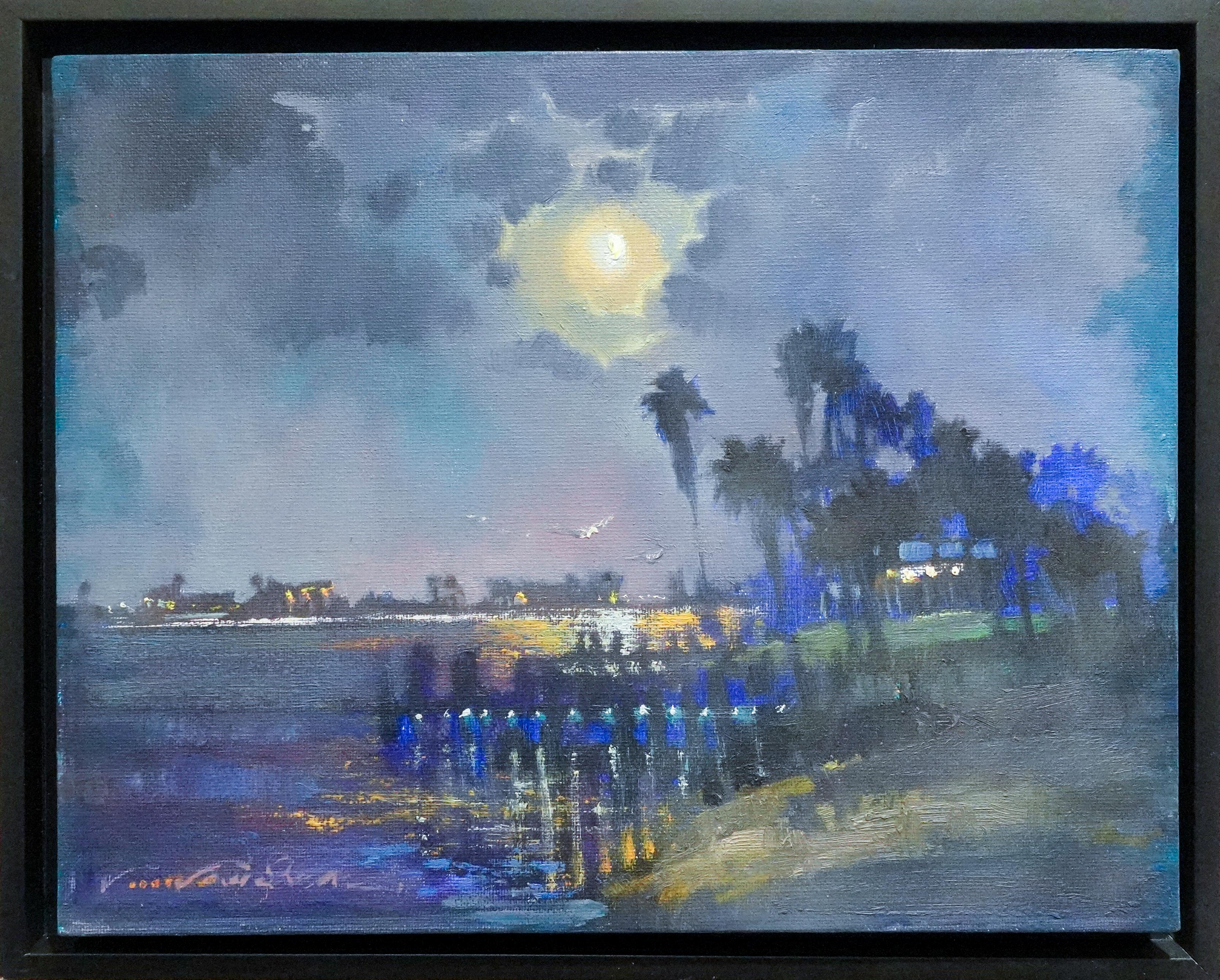 Landscape Painting Virginia Vaughan  - Moonside Oil 11"x14" League City Texas Moon Blues Evening Impressionism