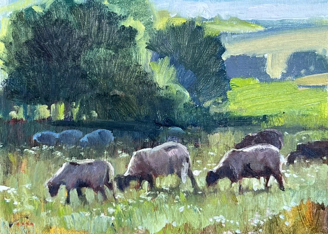 ONE FLOCK LISTENS  Impressionism, Landscape, Sheep, Plein Aire For Sale 6