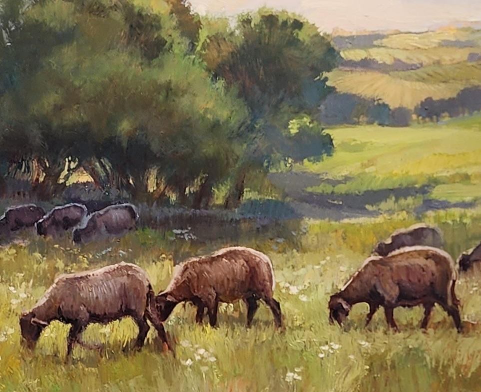 EINE HERDE HÖRT ZU  Impressionismus, Landschaft, Schafe, Freilicht, Pleinair (Braun), Animal Painting, von Virginia Vaughan 