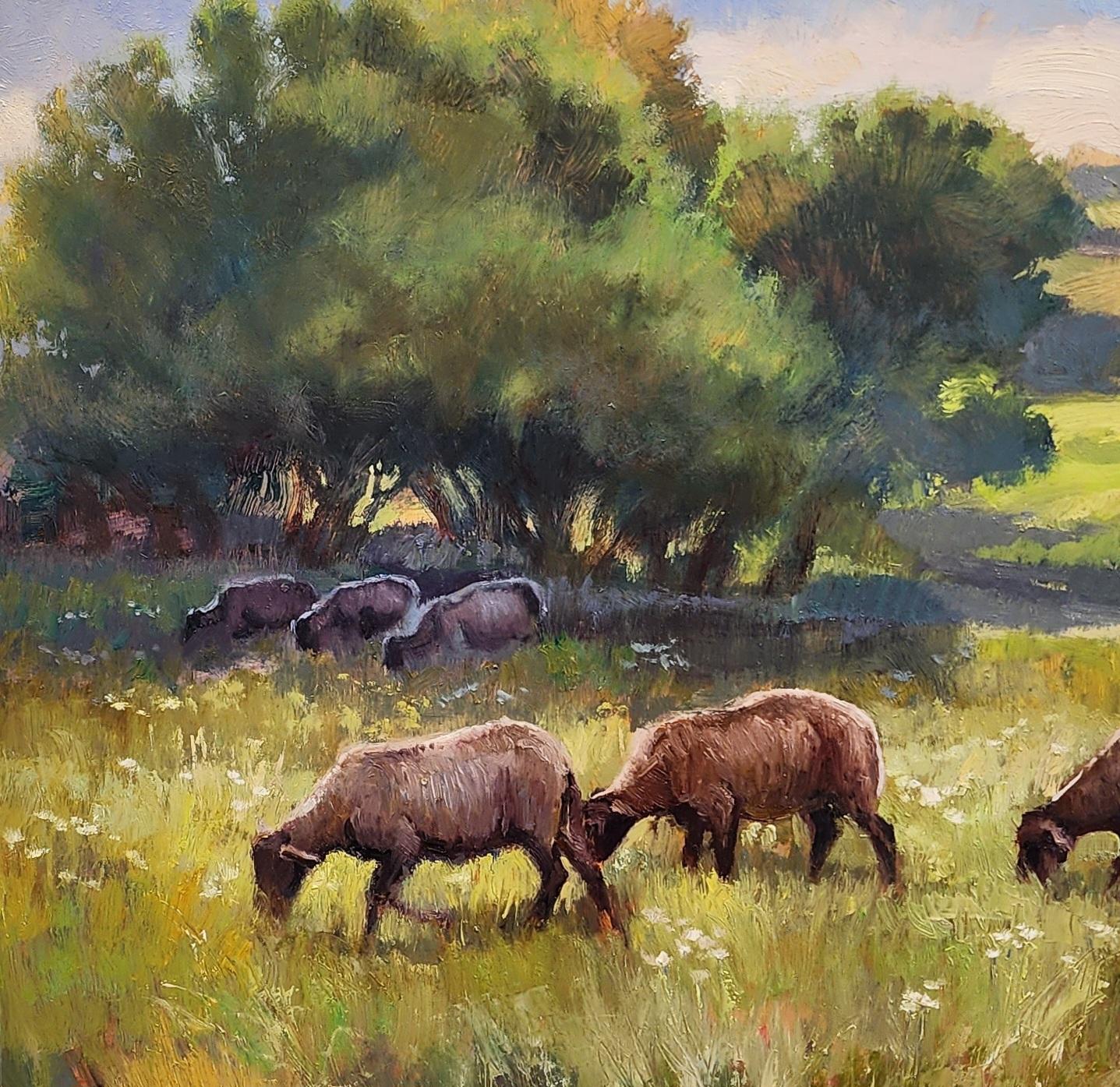 ONE FLOCK LISTENS  Impressionism, Landscape, Sheep, Plein Aire - American Impressionist Painting by Virginia Vaughan 