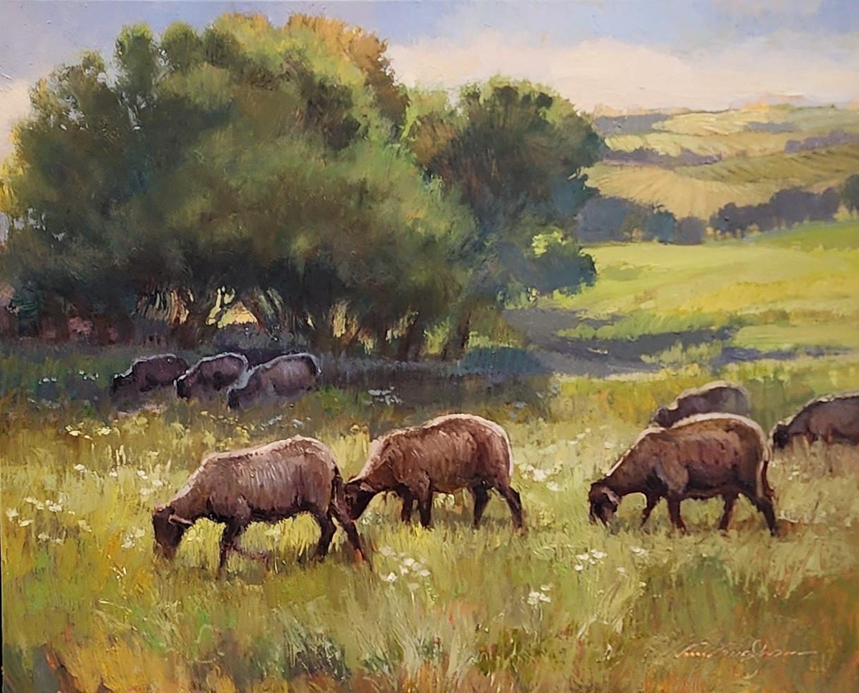 Virginia Vaughan  Animal Painting – EINE HERDE HÖRT ZU  Impressionismus, Landschaft, Schafe, Freilicht, Pleinair