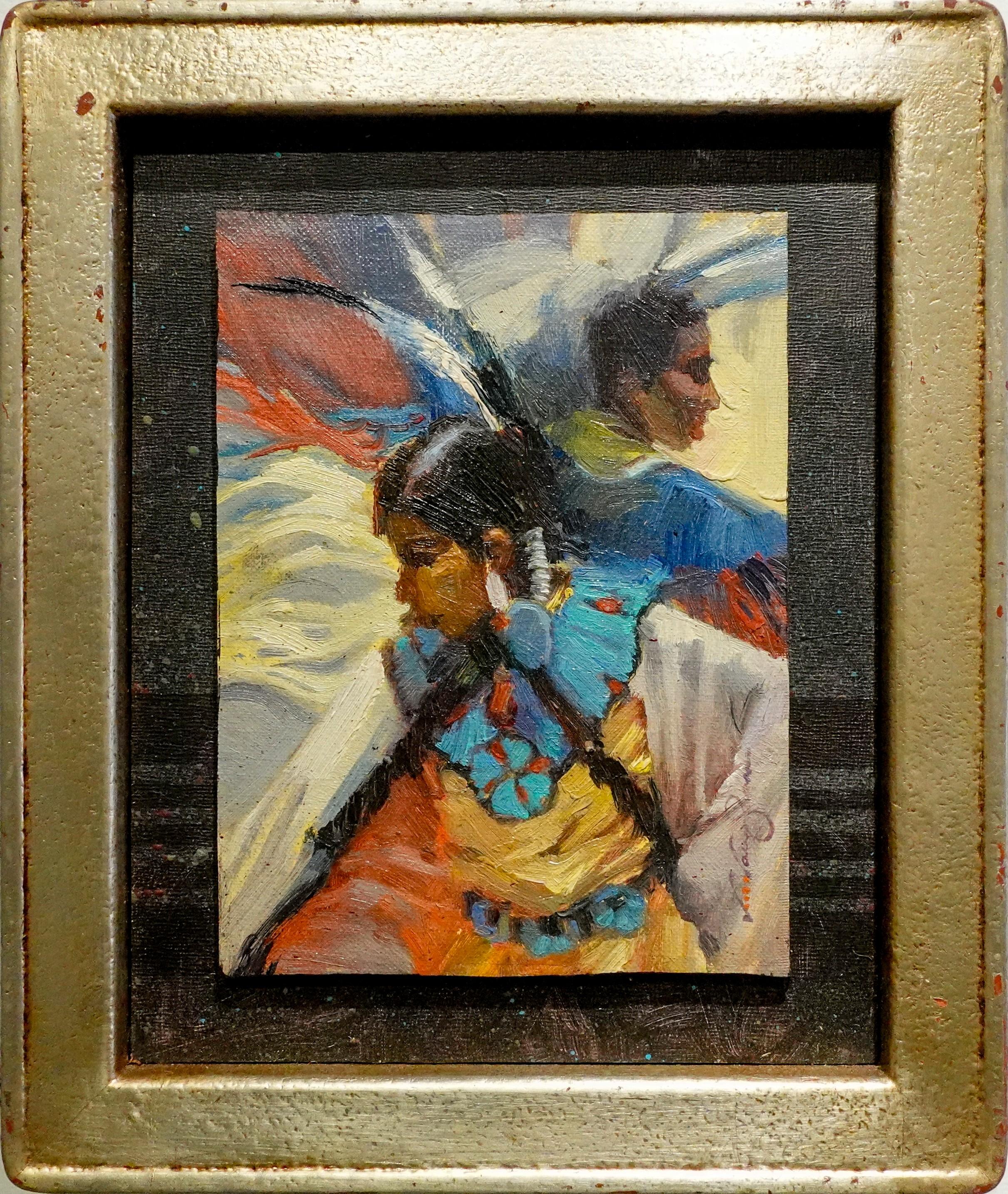 Virginia Vaughan  Portrait Painting - Powwow Fringe Powwow Ceremony Oklahoma Traditional Dance 10" x 8"