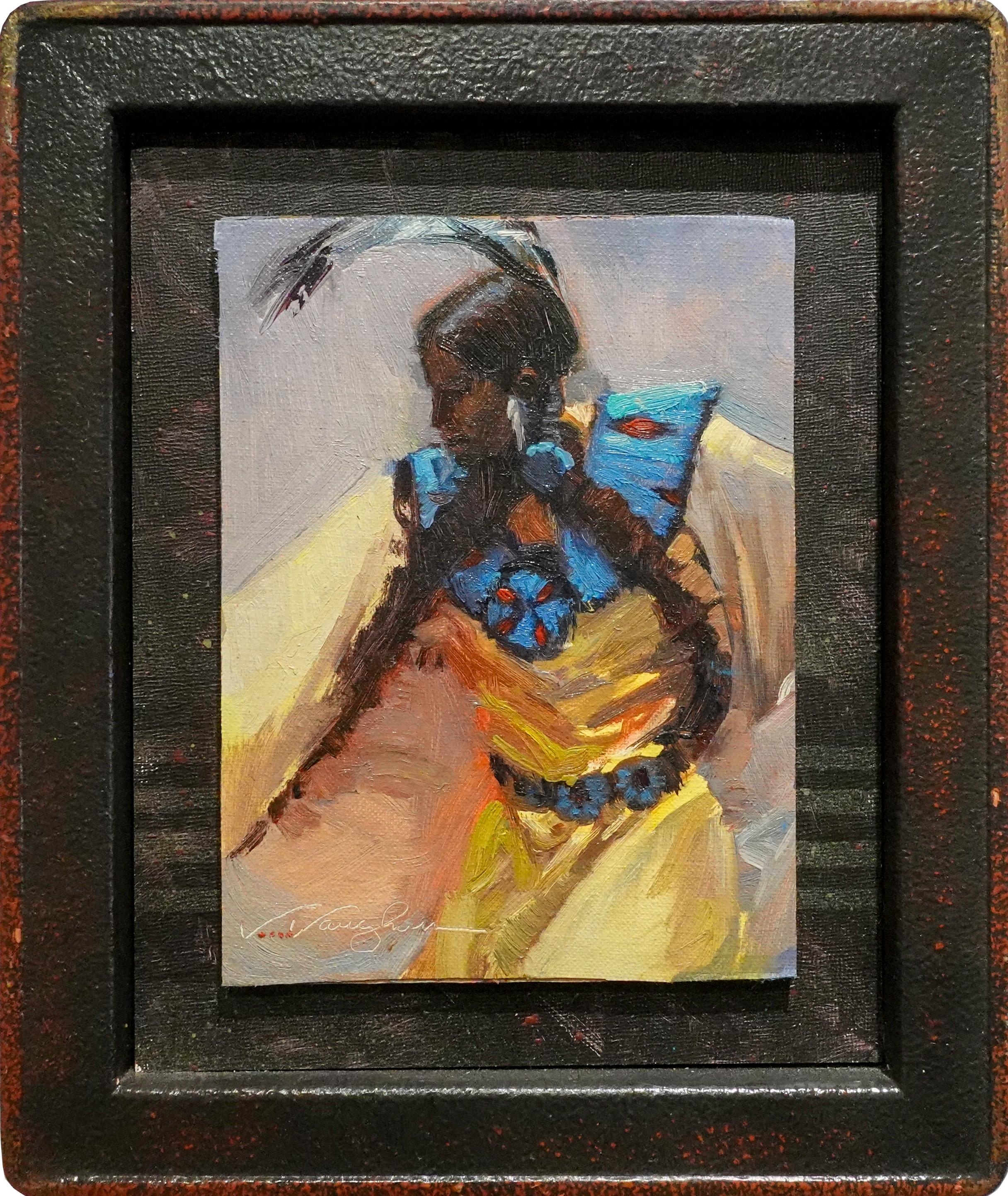Virginia Vaughan  Portrait Painting - Powwow Gold Powwow Ceremony Oklahoma Traditional Dance 10" x 8" Native American