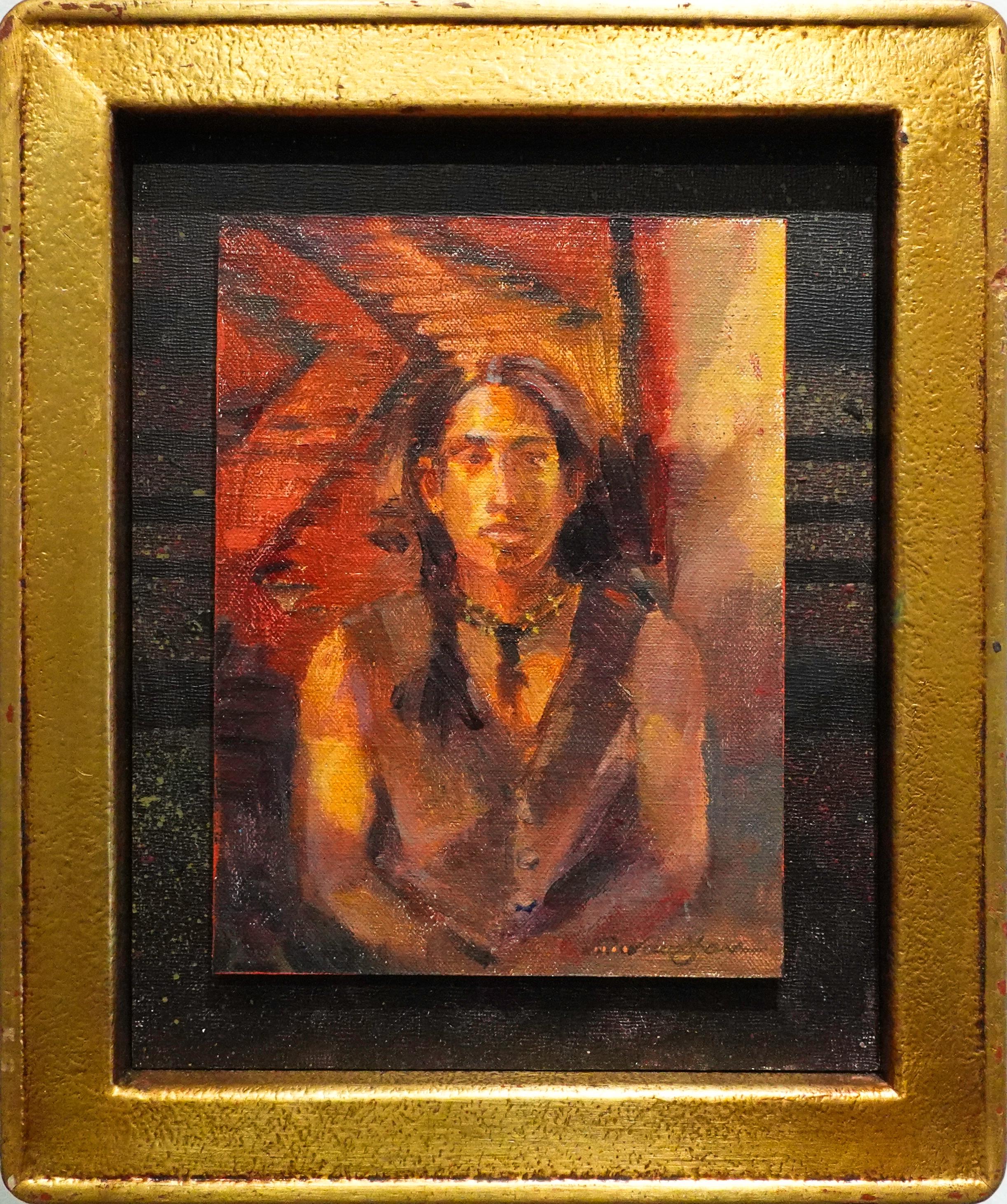 Virginia Vaughan  Portrait Painting - Red Earth Blanket Powwow Ceremony Oklahoma Traditional Dance 10" x 8"