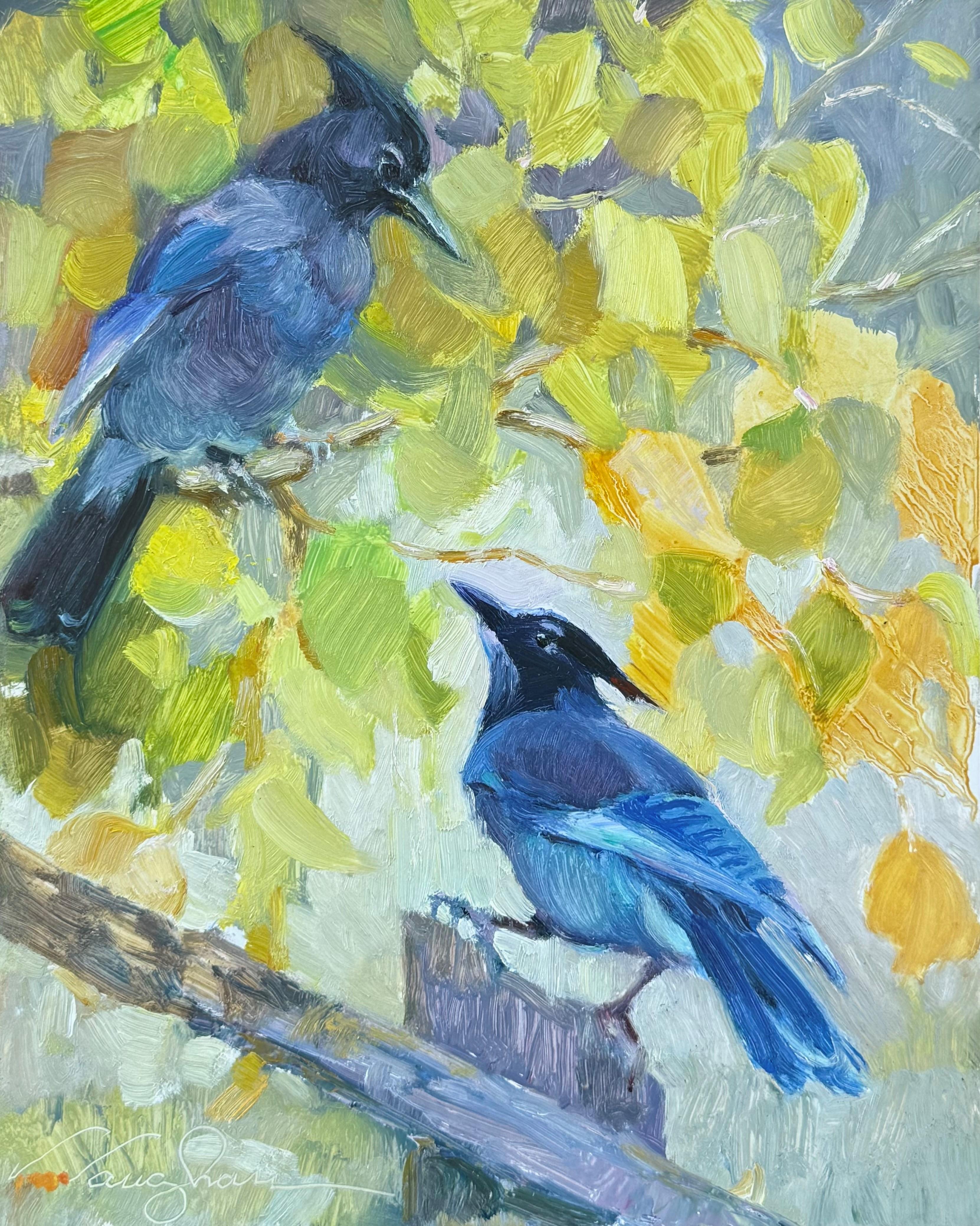 Virginia Vaughan  Animal Painting – Stellar Aspen 10" x 8" oil Landscape Impressionism Blue Jays Birds Aspen Trees