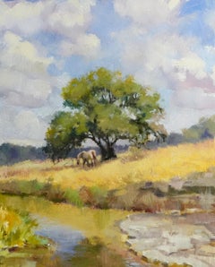 Still Waters 14" x 11" oil Landscape Oak Tree, clouds, stream, horse, Fall
