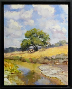 Still Waters 14" x 11" oil Landscape Oak Tree, clouds, stream, horse, Fall