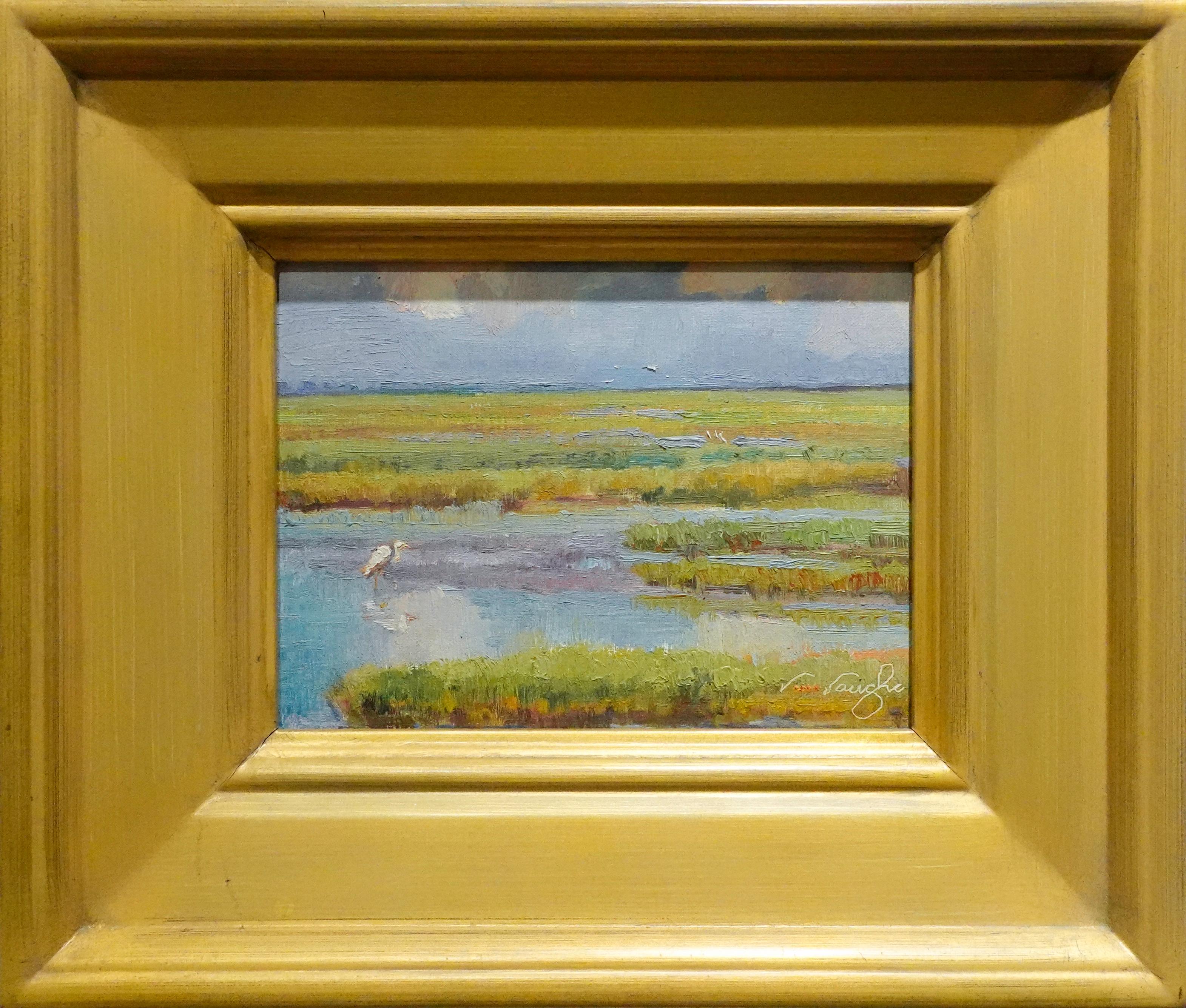 Coucher de soleil sur le porche 9x12 huile Lever de lune Coucher de soleil Sargent, Texas Nuages en vente 5