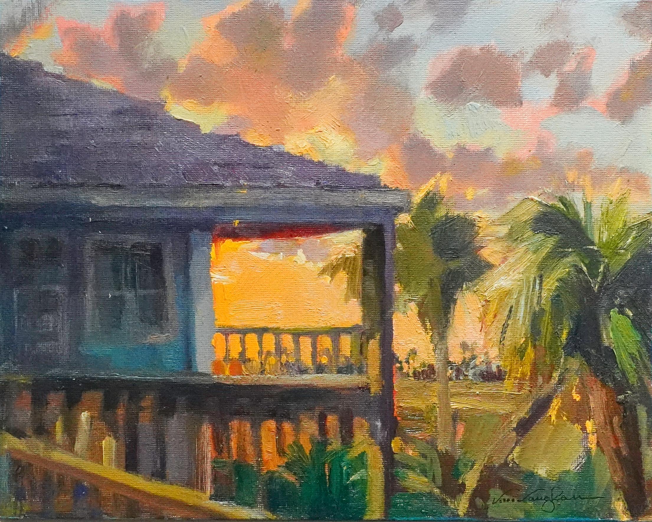 Coucher de soleil sur le porche 9x12 huile Lever de lune Coucher de soleil Sargent, Texas Nuages - Painting de Virginia Vaughan 